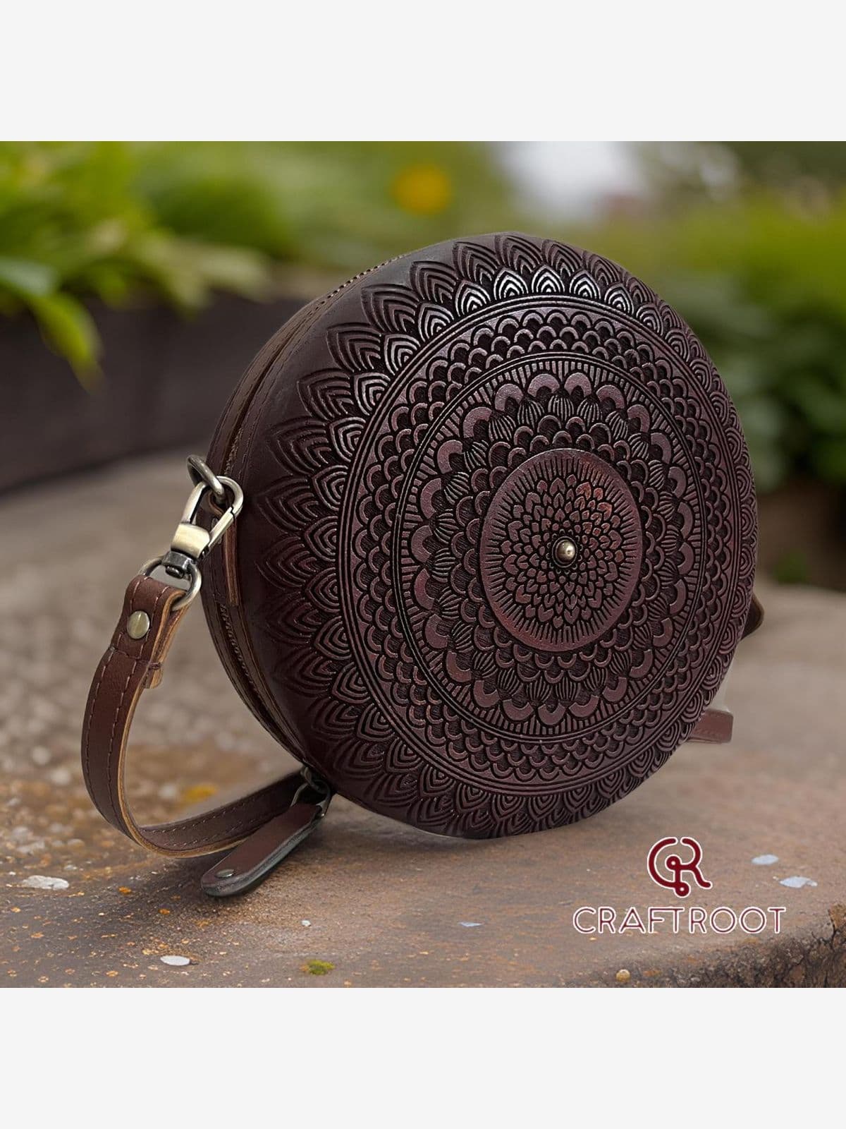 Handmade round shape wood and leather with zipper bag