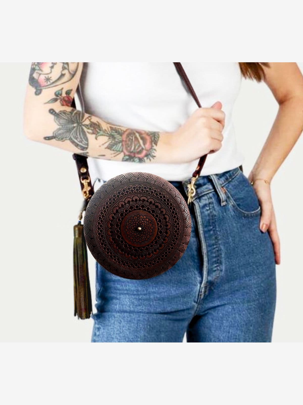 Handmade round shape wood and leather with zipper bag