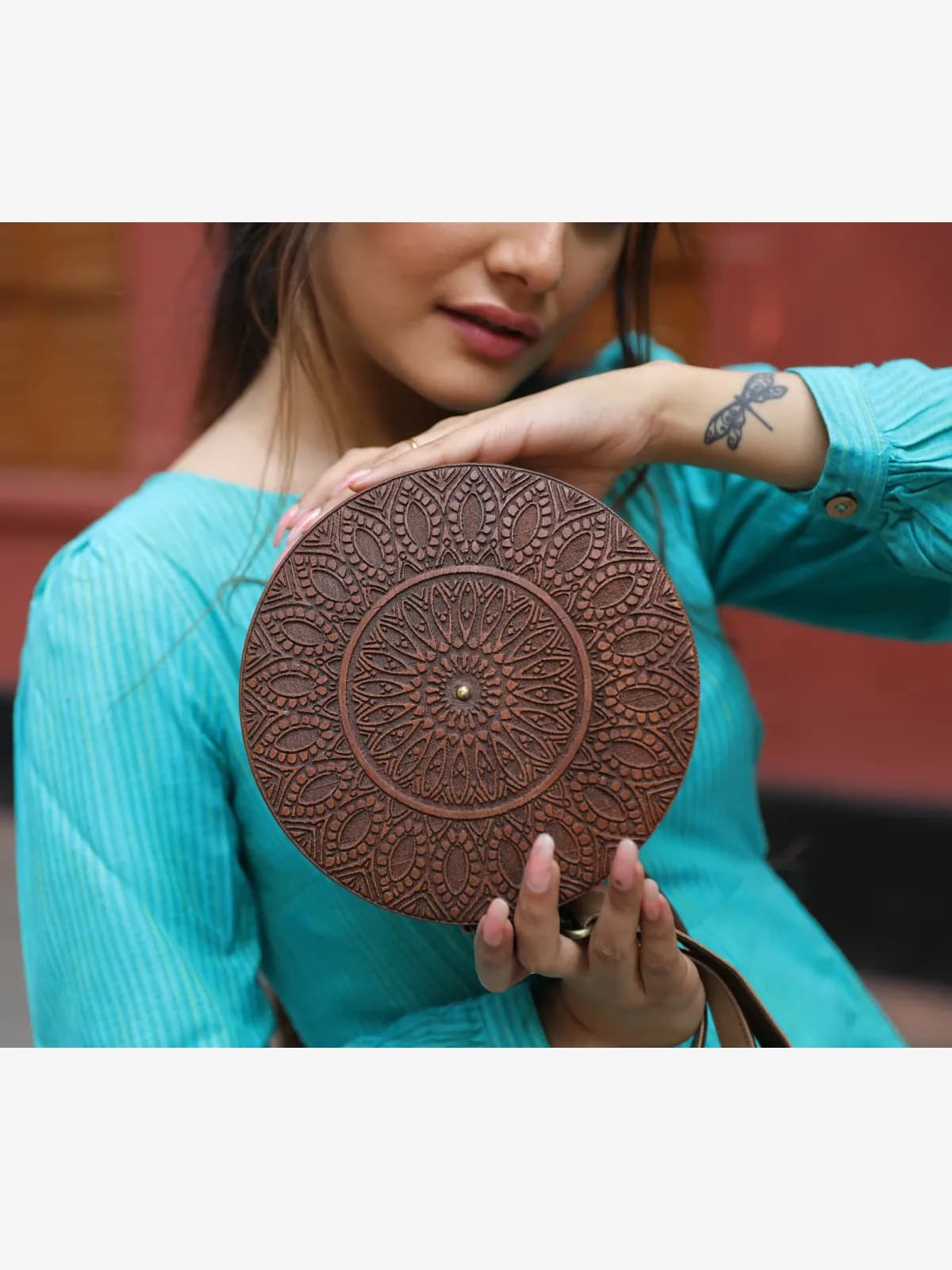 Handmade round shape wood and leather with zipper bag