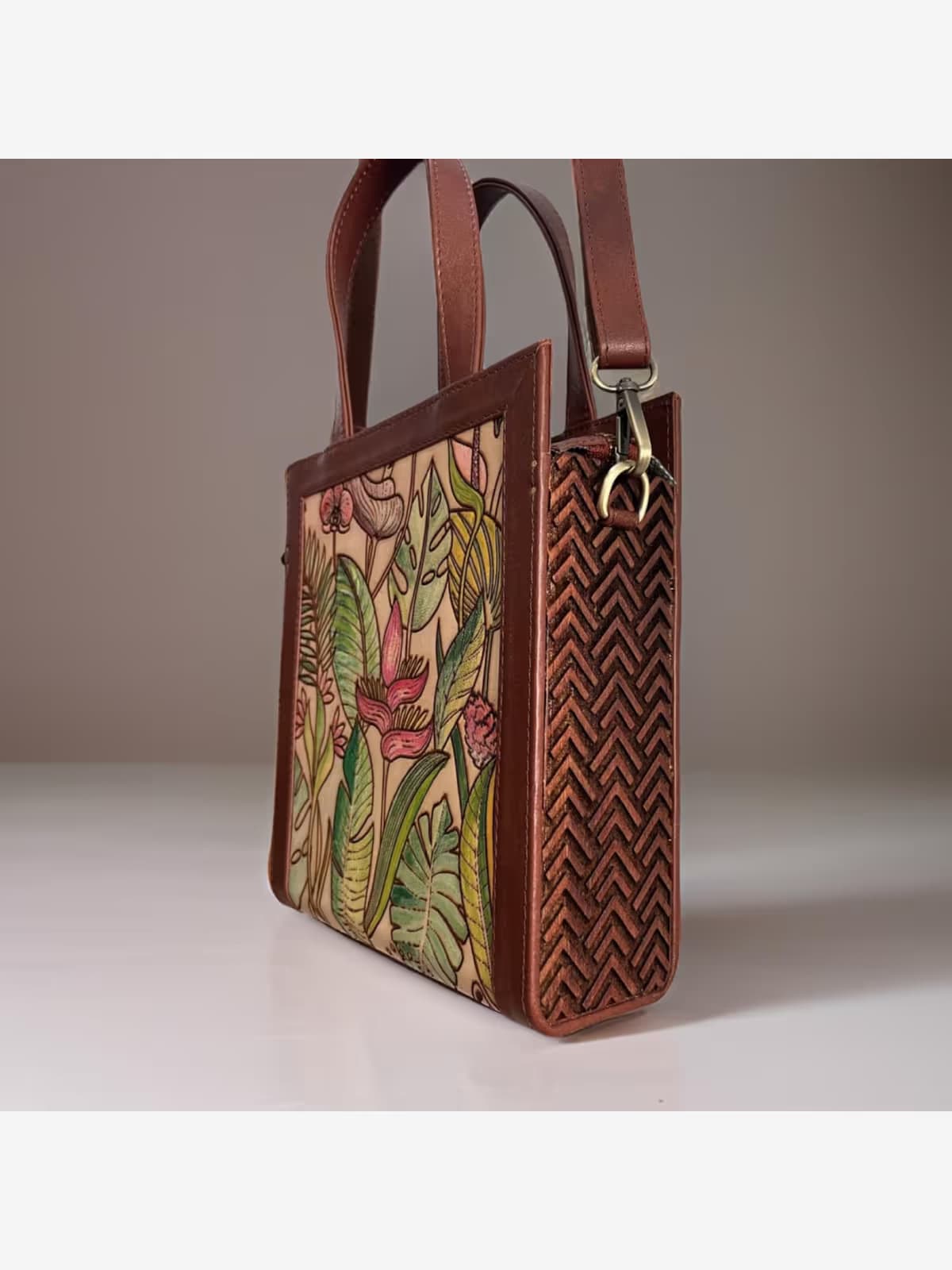 Hand painted leather & wood with zipper bag