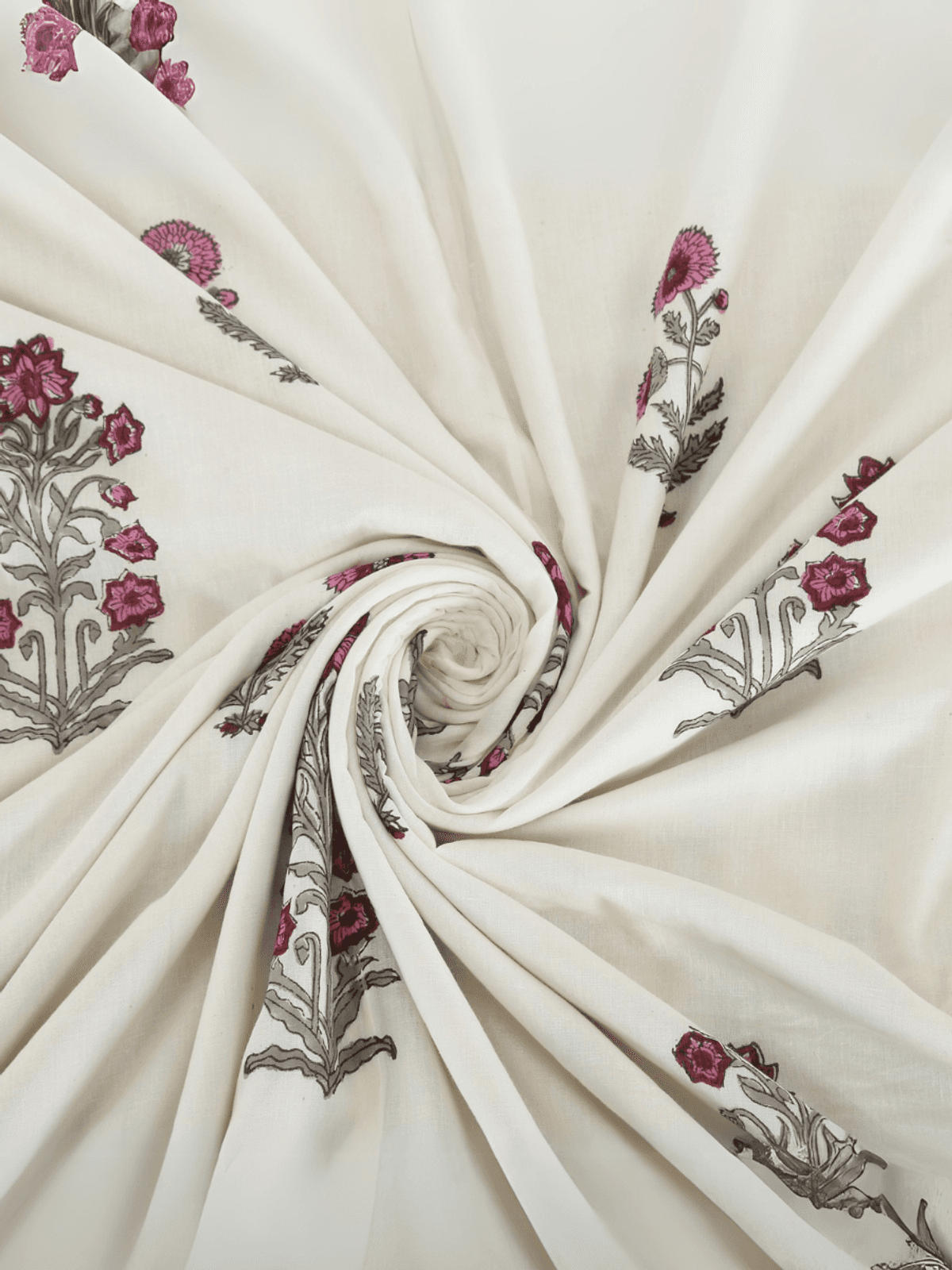 Hand Block printed Cotton Mulmul Double Dohar Pink Grey Plants