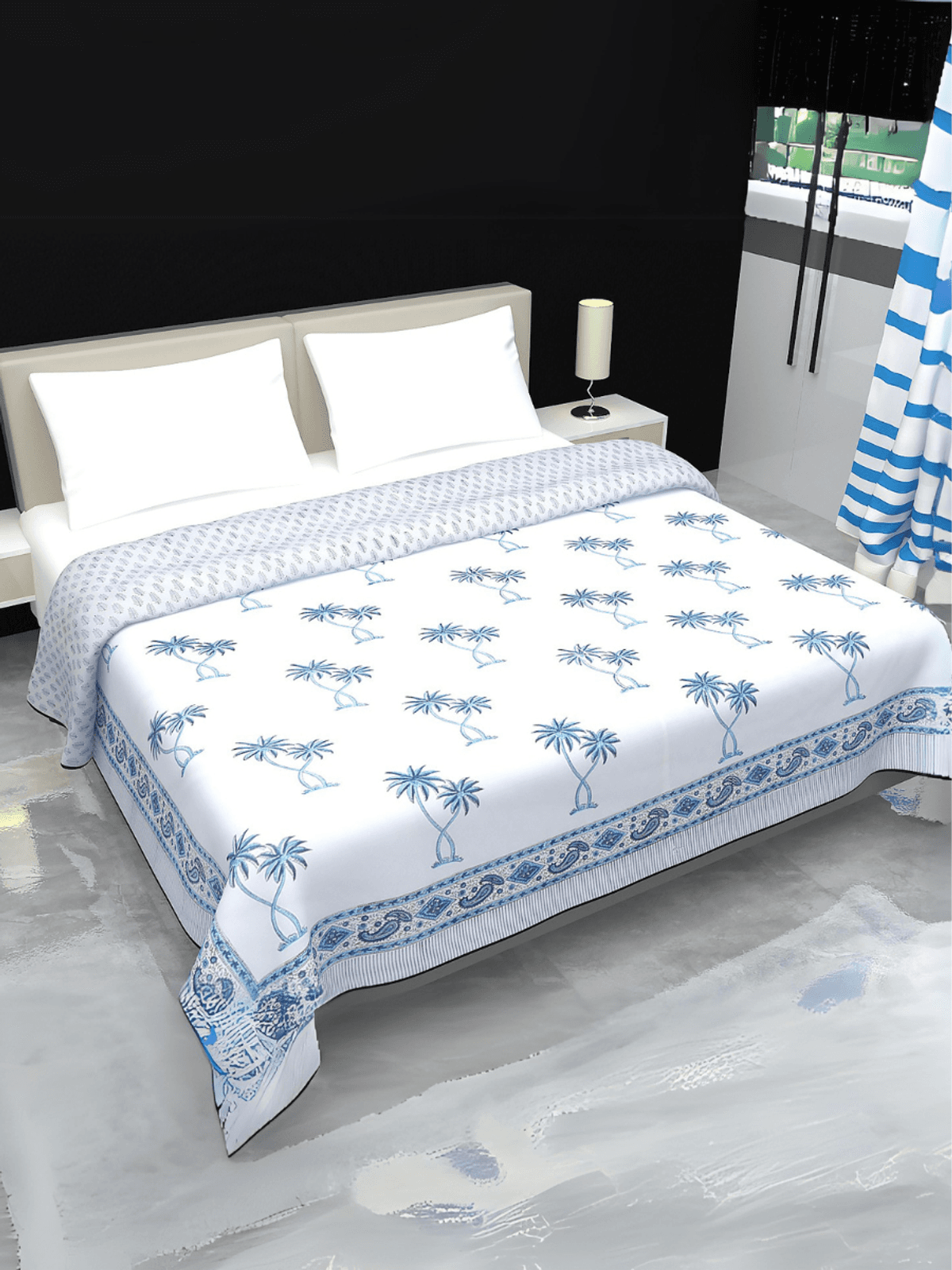 Hand Block printed Cotton Mulmul Double Dohar Blue Coconut Trees