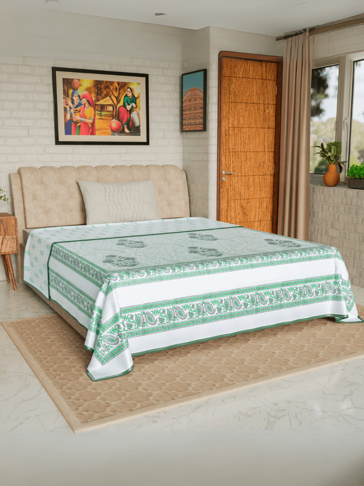 Hand Block printed Cotton Mulmul Single Dohar Dark Green Bouquets