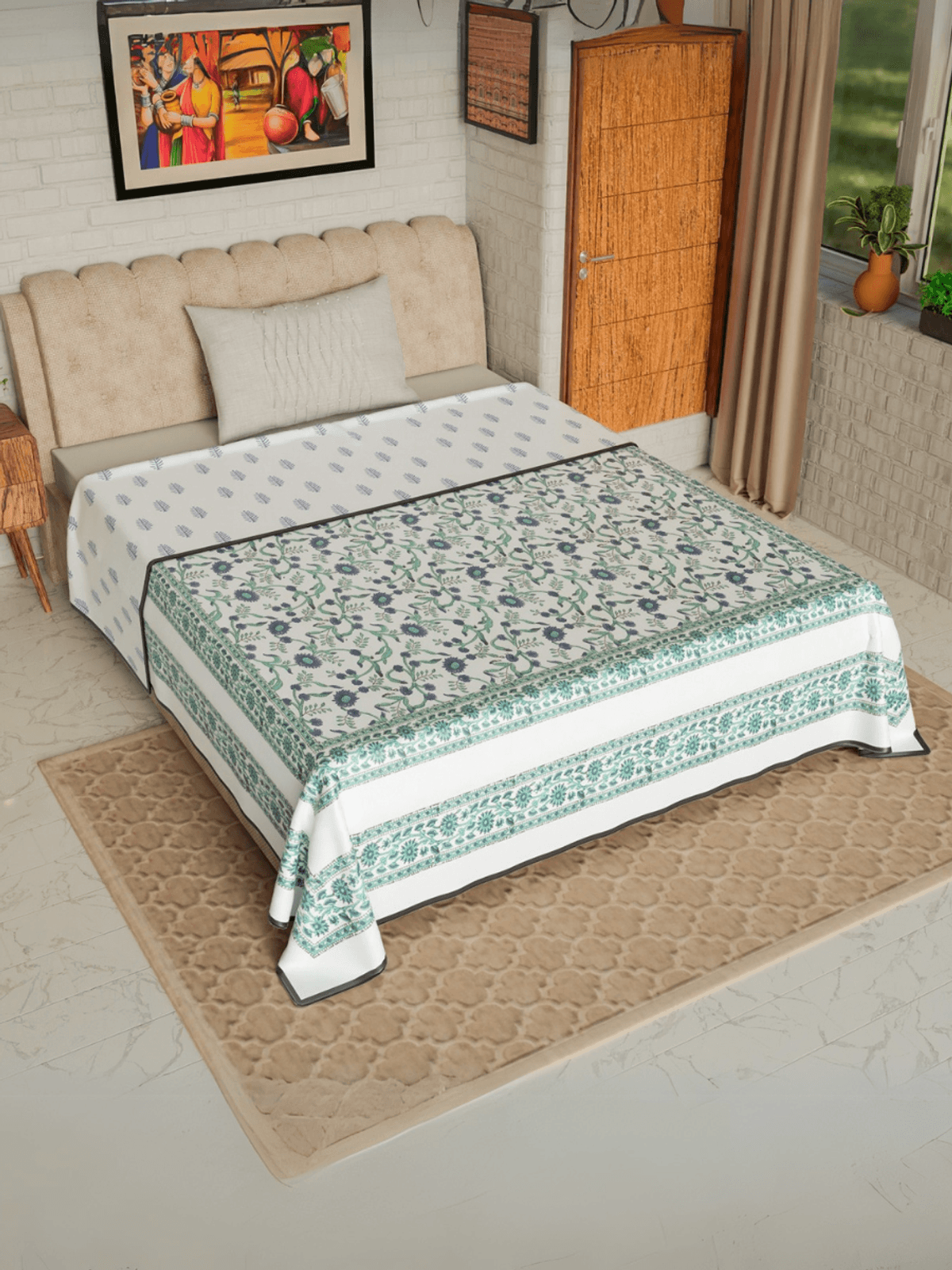 Hand Block printed Cotton Mulmul Single Dohar Orange Grey Florals