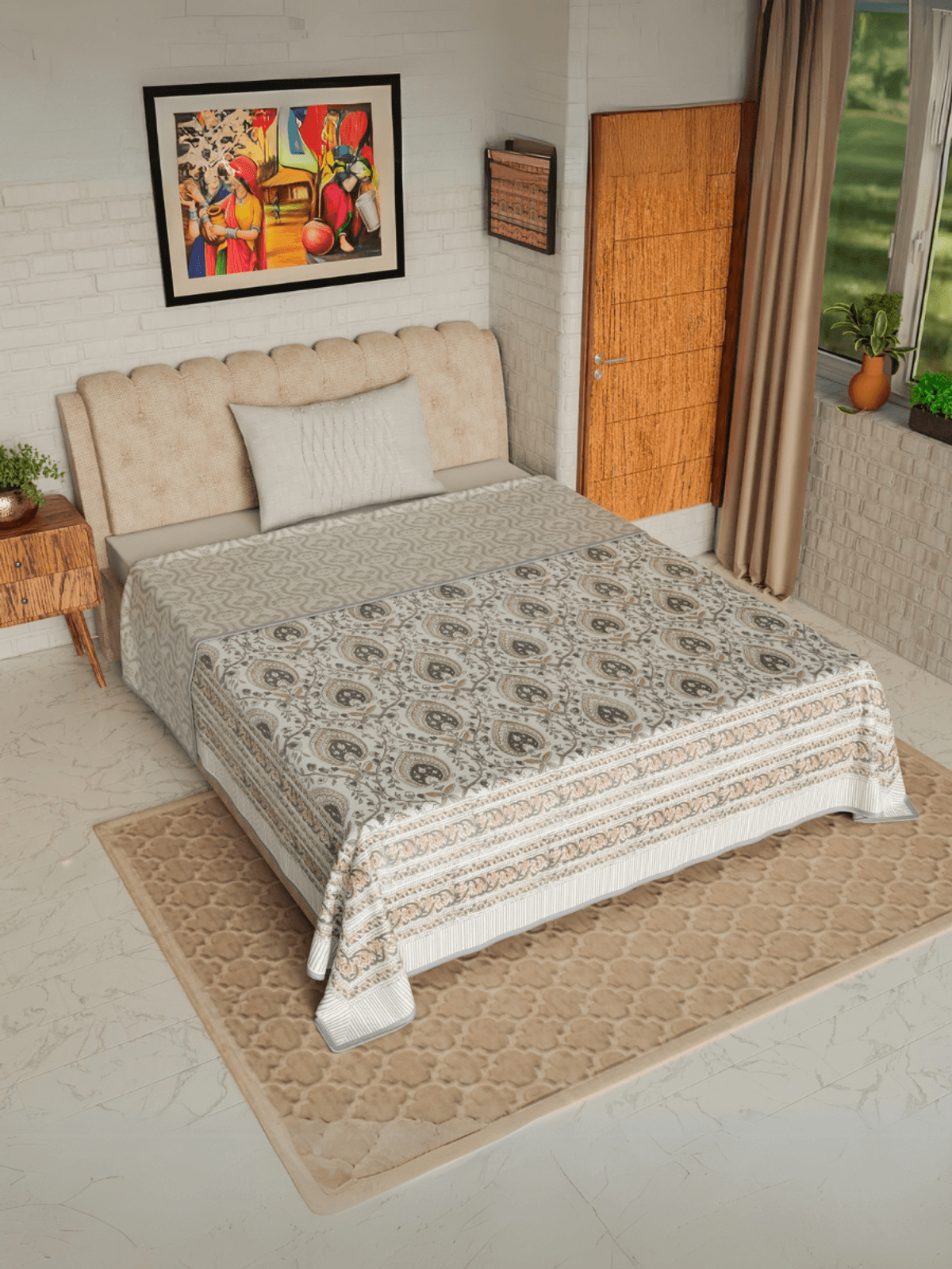 Hand Block printed Cotton Mulmul Single Dohar Orange Grey Florals