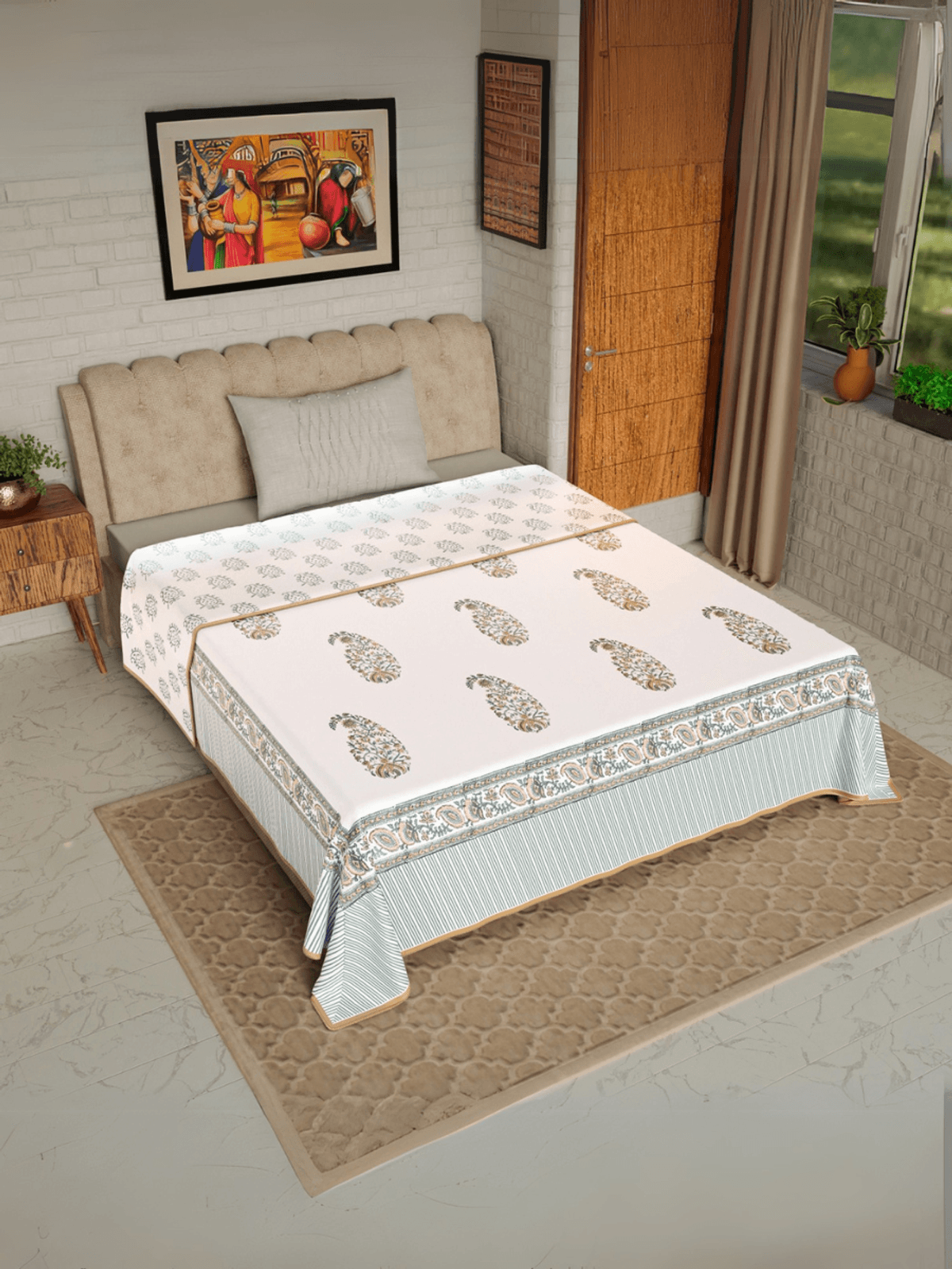 Hand Block printed Cotton Mulmul Single Dohar Mustard Green Paisley