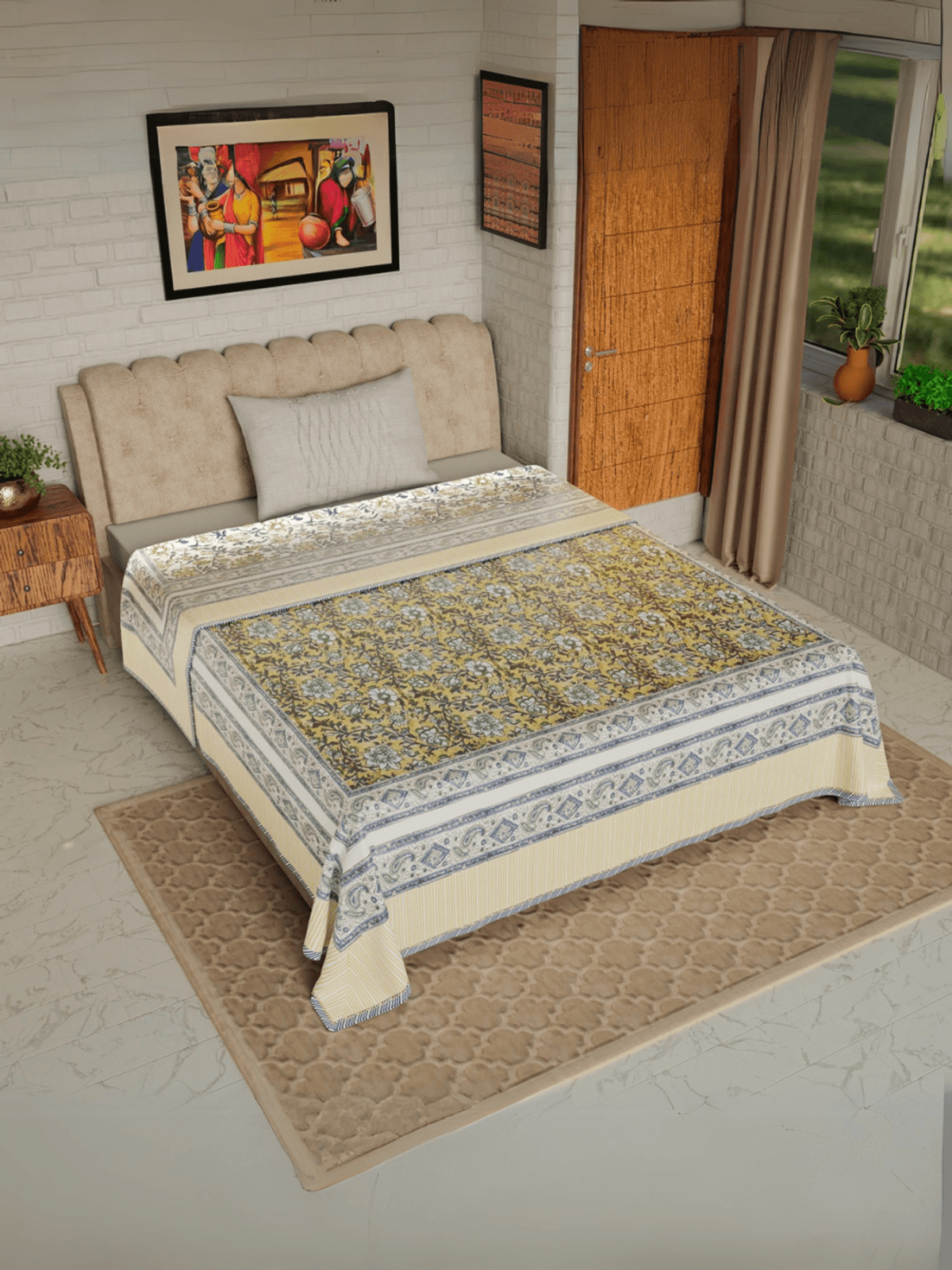 Hand Block printed Cotton Mulmul Single Dohar Green Blue Yellow Florals