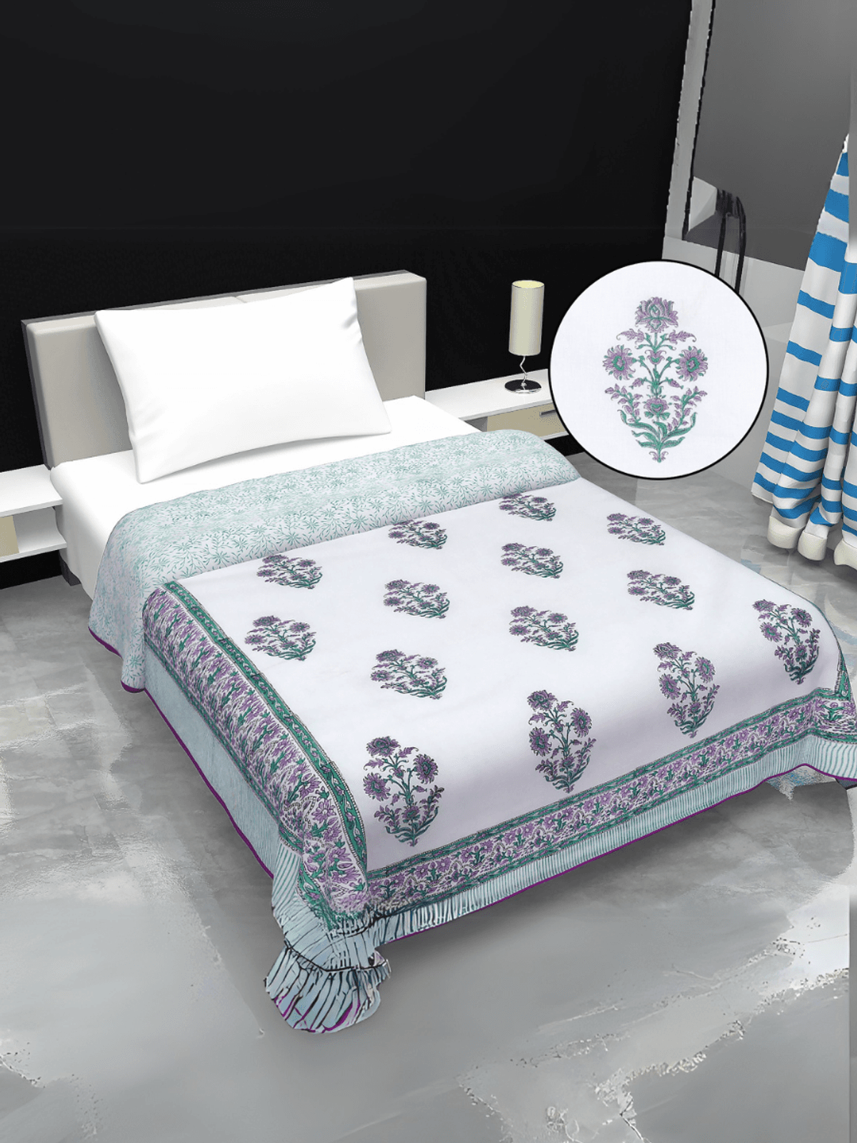 Hand Block printed Cotton Mulmul Single Dohar Green Purple Bouquets