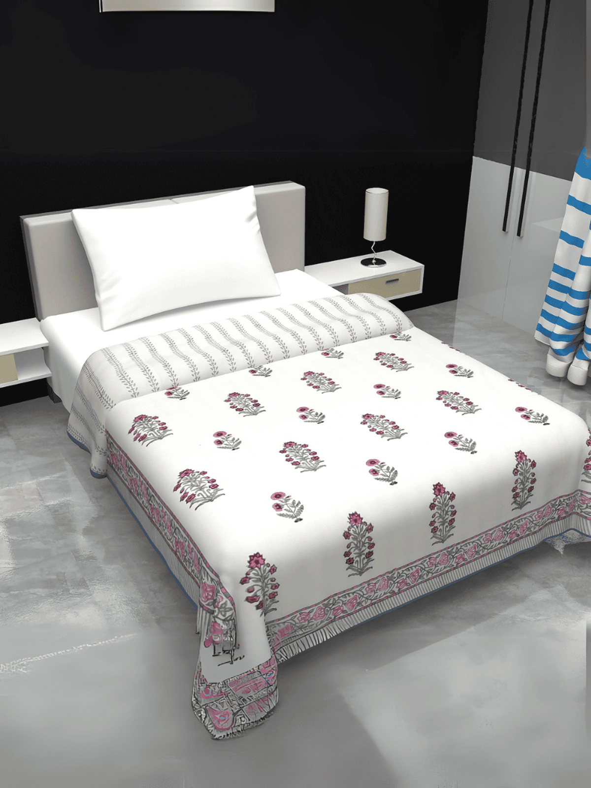 Hand Block printed Cotton Mulmul Single Dohar Pink Grey Plants