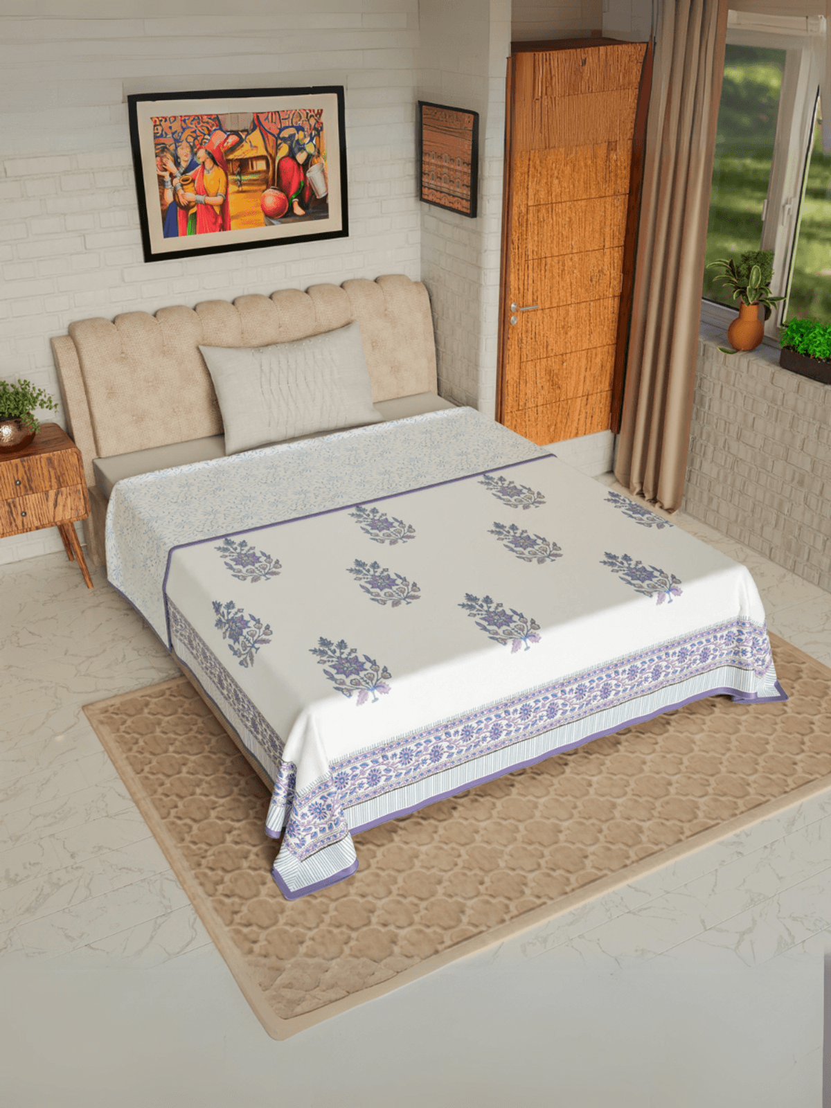 Hand Block printed Cotton Mulmul Single Dohar Blue Purple Plants