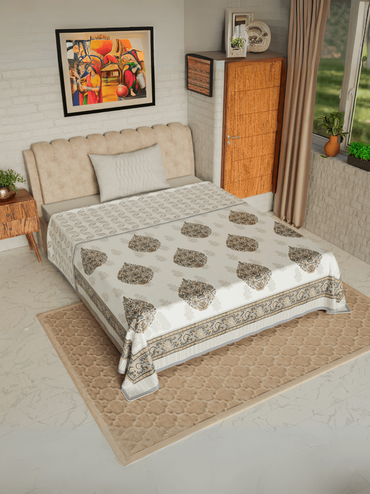 Hand Block printed Cotton Mulmul Single Dohar Mud Grey Pots