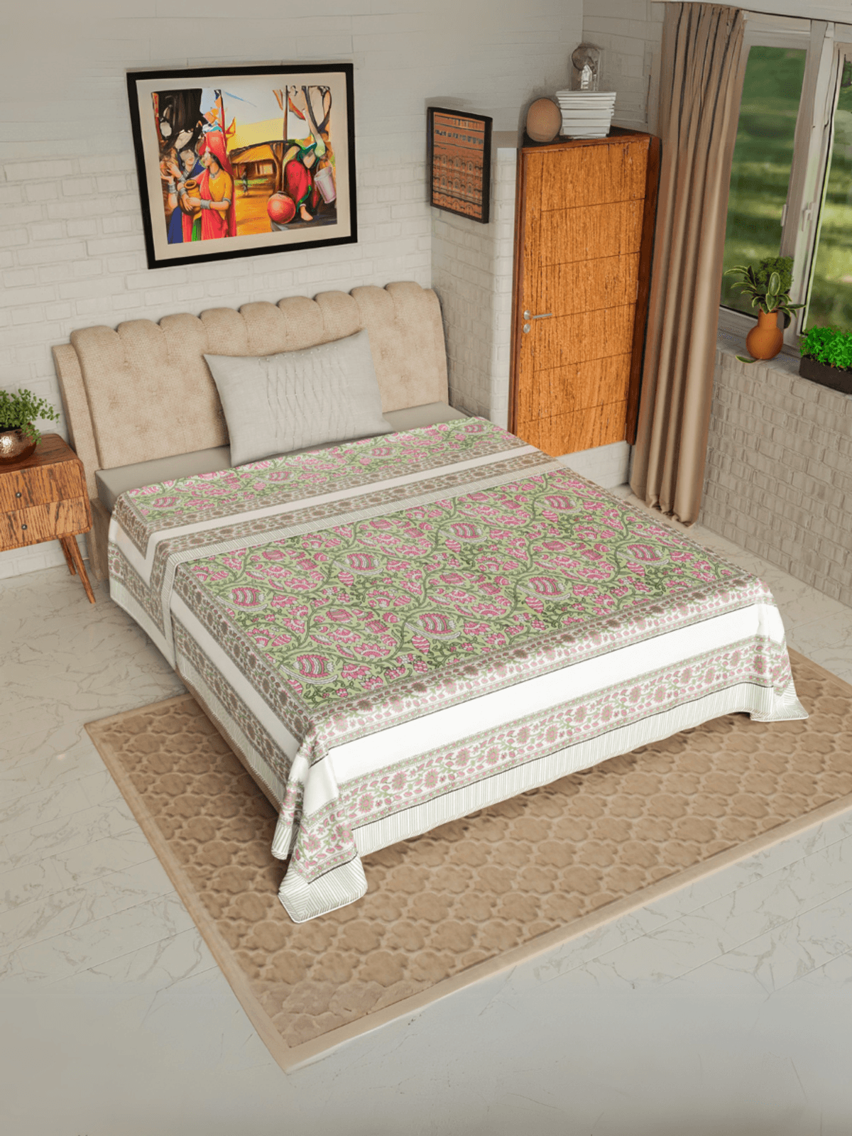 Hand Block printed Cotton Mulmul Single Dohar Green Pink Dark Florals