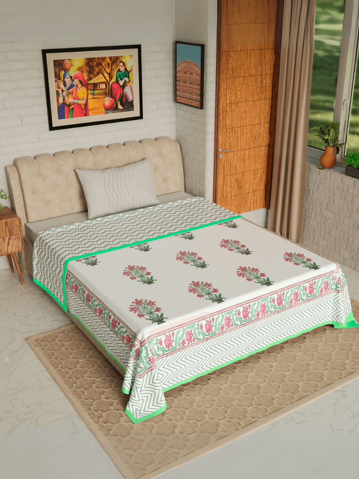 Hand Block printed Cotton Mulmul Single Dohar Green Pink Plants