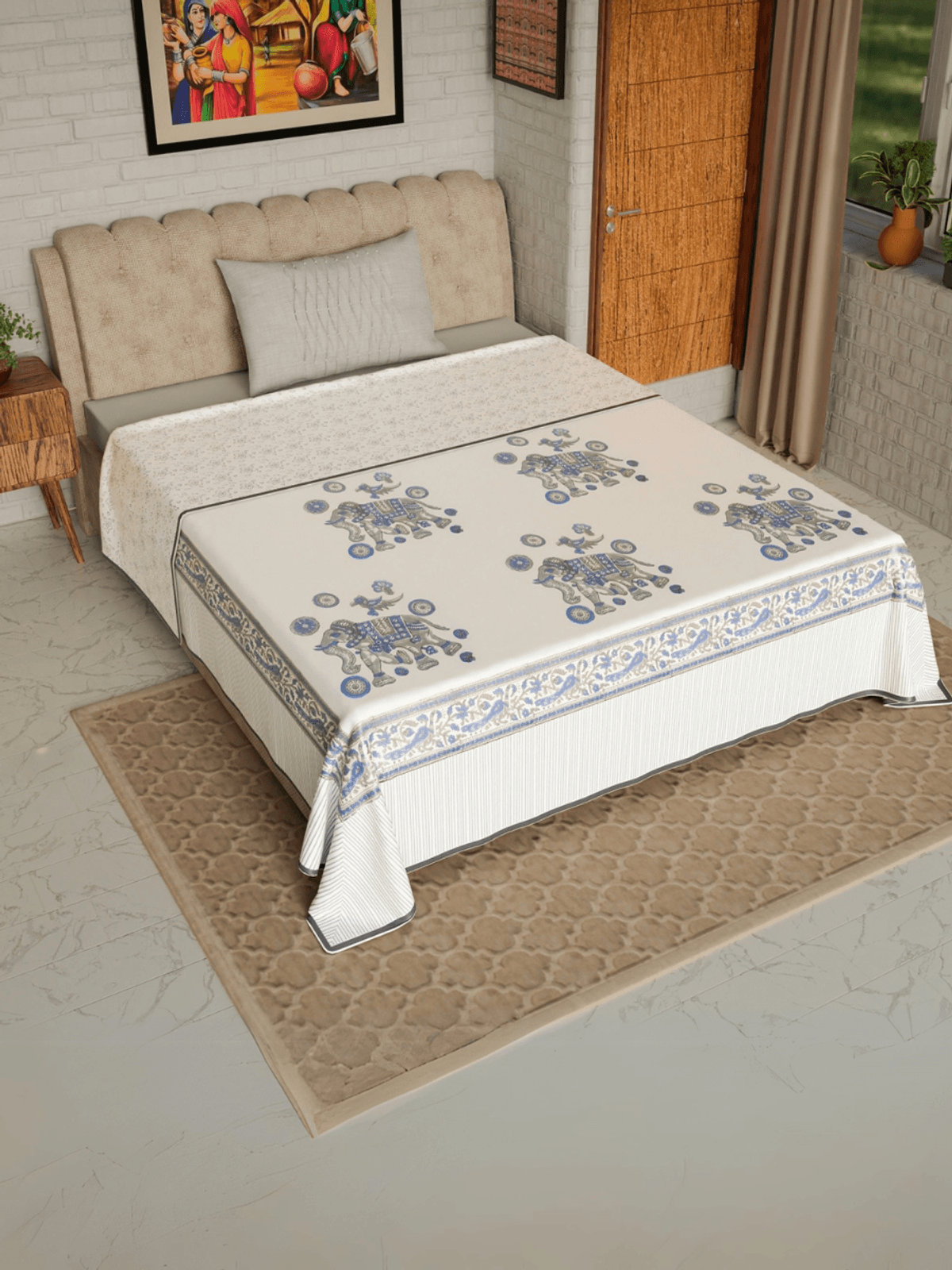 Hand Block printed Cotton Mulmul Single Dohar Blue Grey Elephants