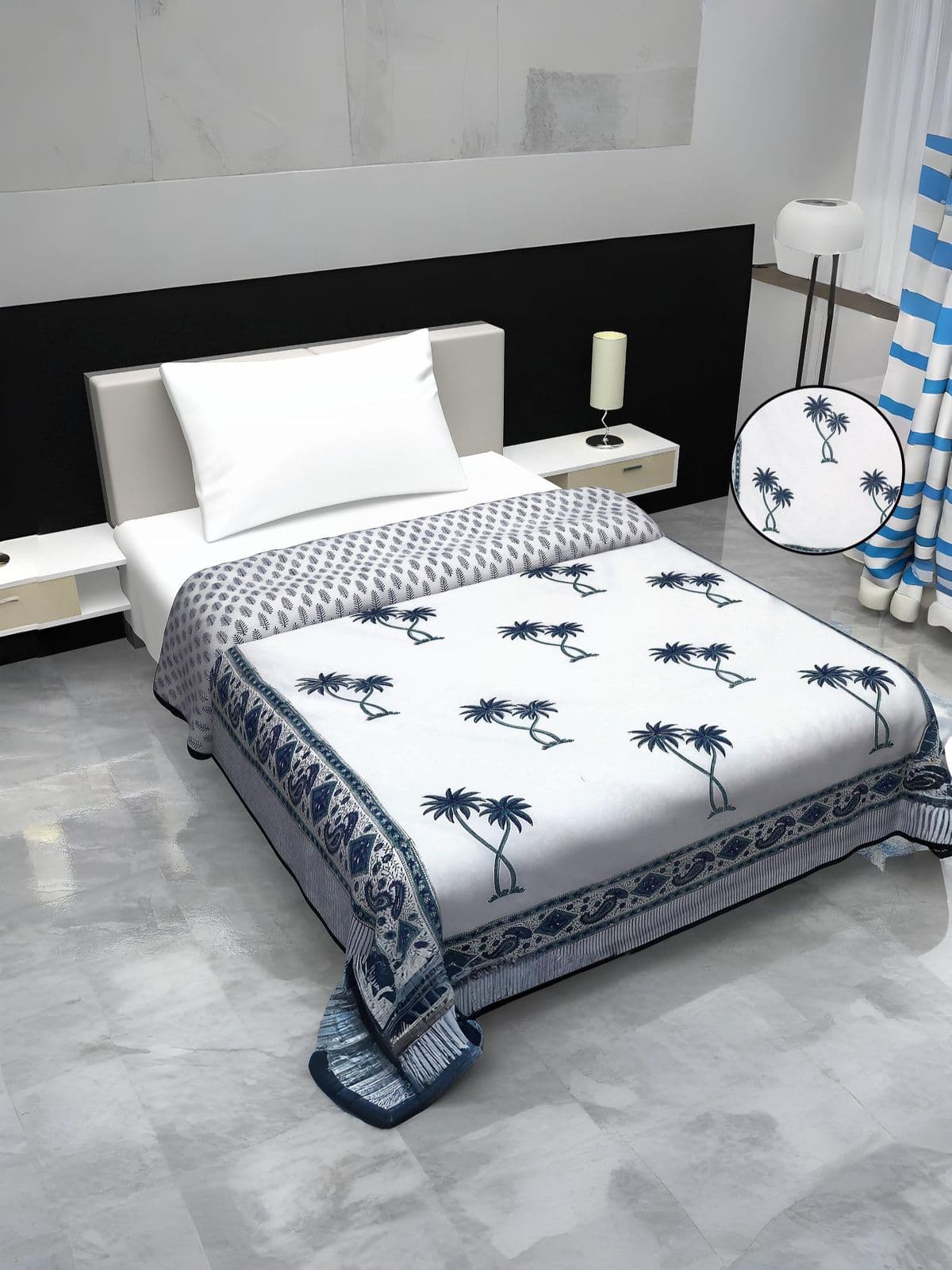 Hand Block printed Cotton Mulmul Single Dohar Blue Coconut Tree