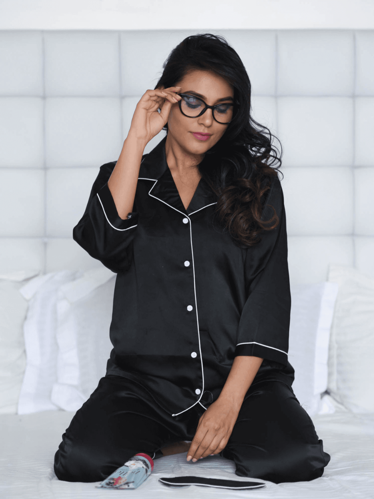 Rapra BlackNotched Collar Satin Nightwear Pajamas set 