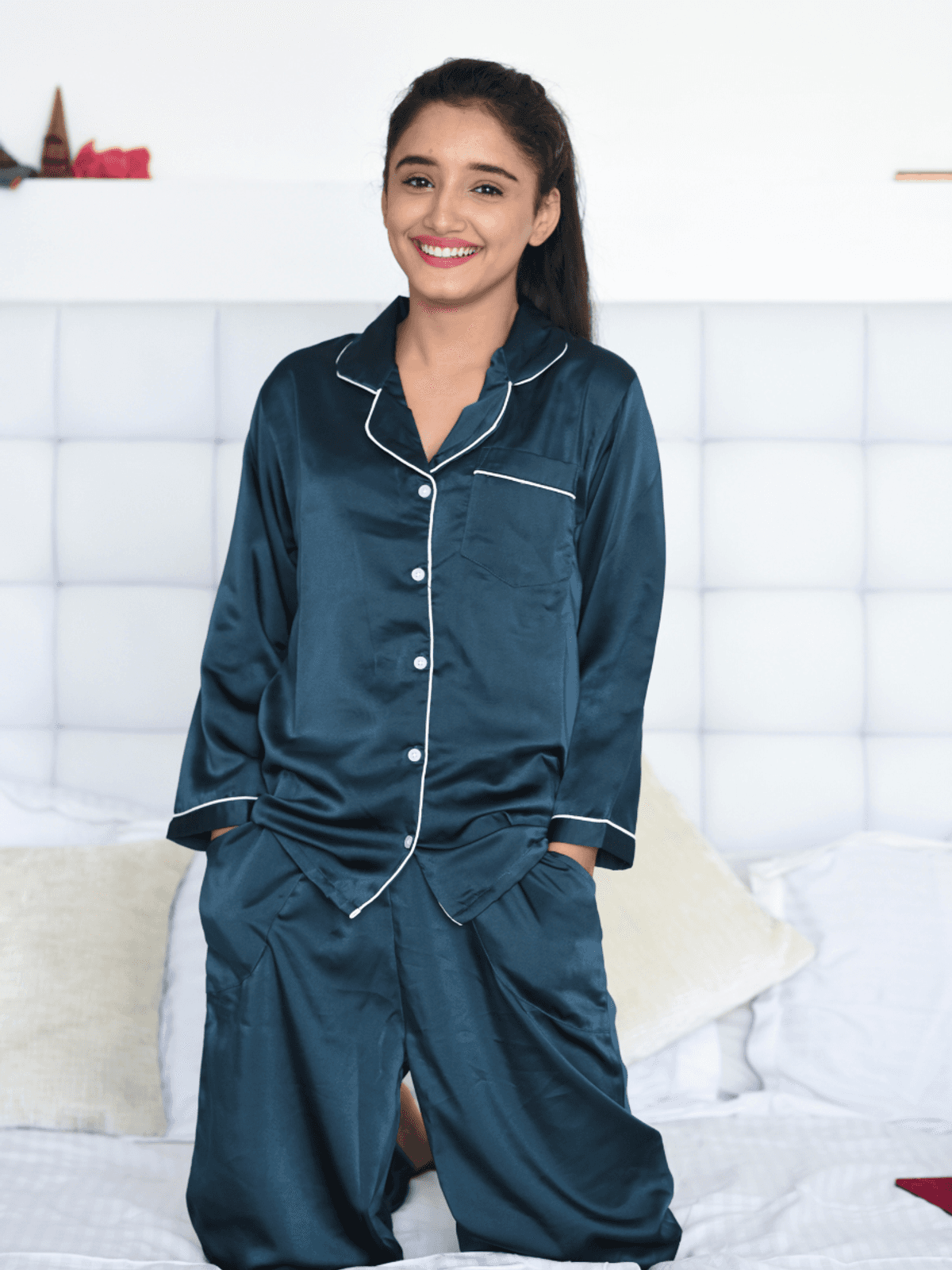 Rapra Bottle Green Satin Nightwear Pajamas set 
