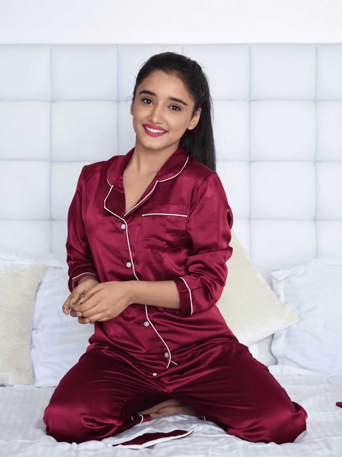 Rapra Maroon Satin Nightwear Pajamas set 