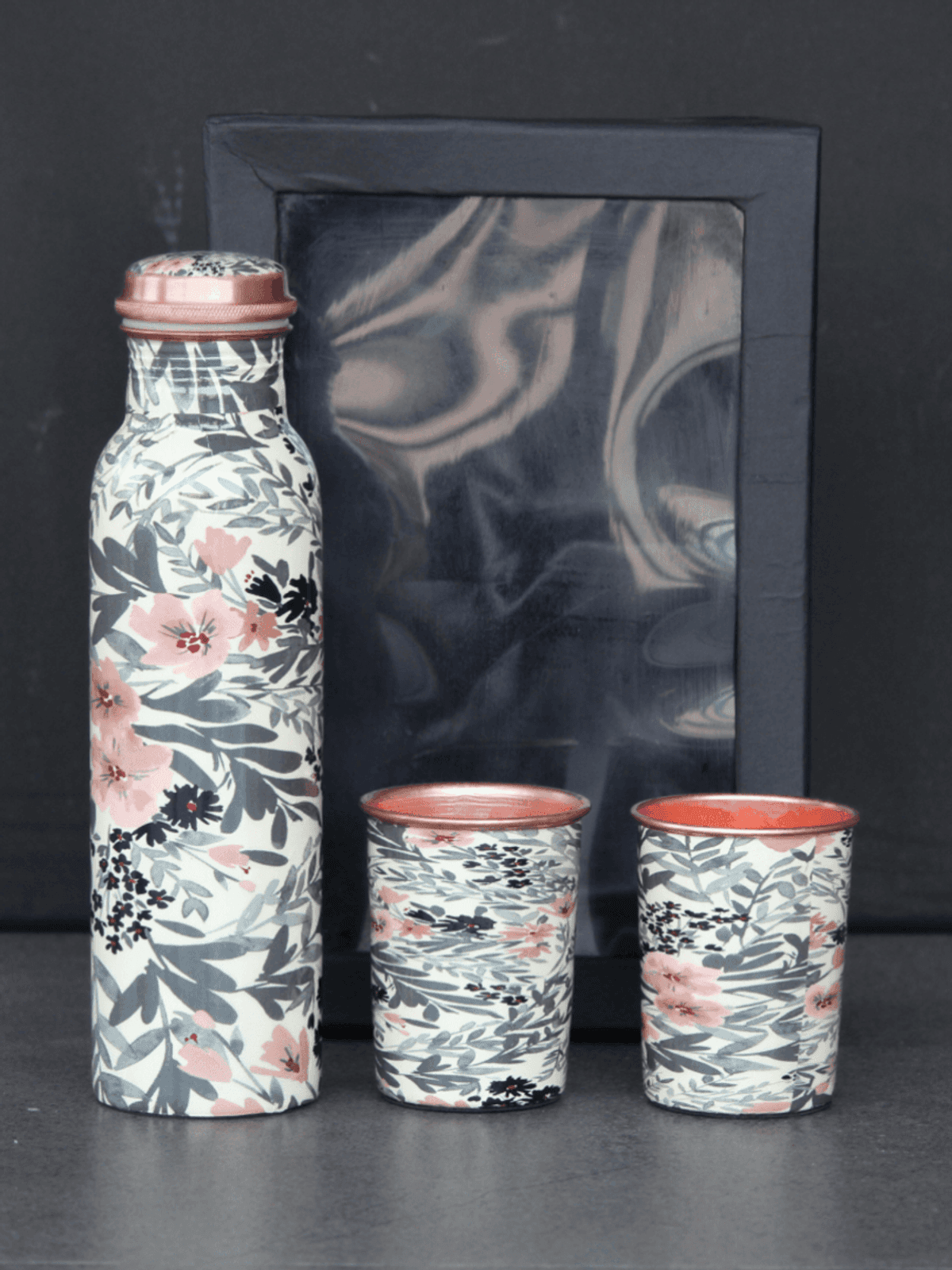 Flower printed copper bottle set with Gift box