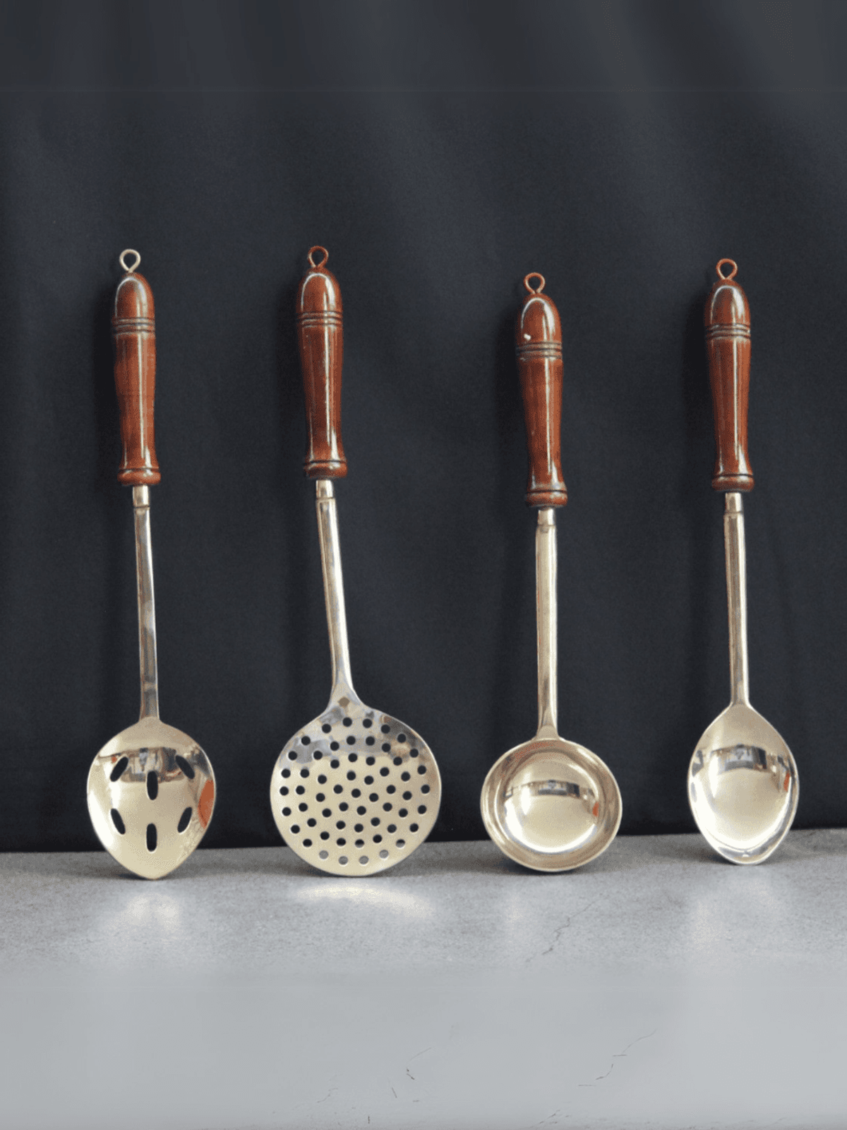 Set of 4 Brass Ladles with Wooden Handles