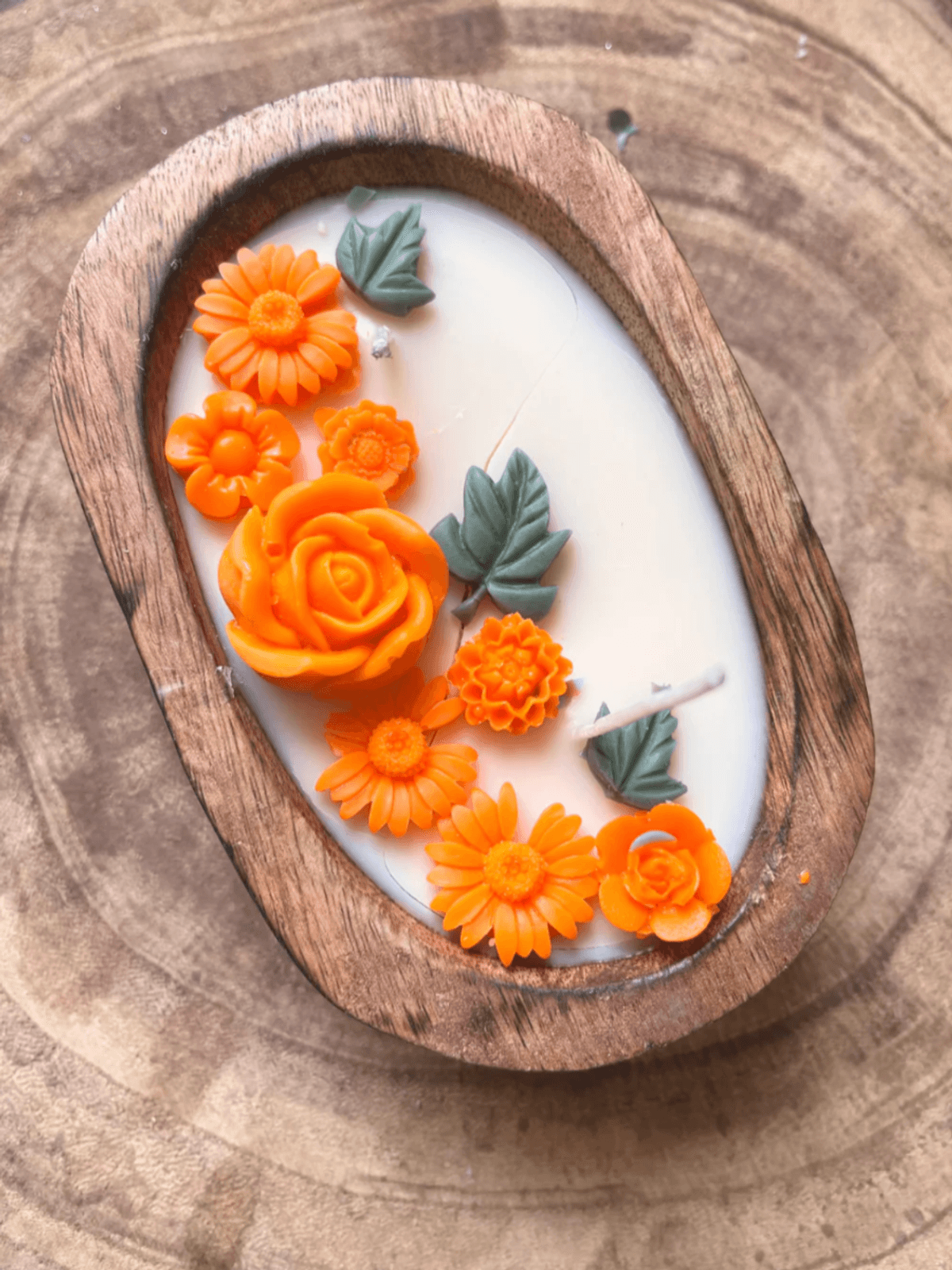 Hand-poured Soy Candles in Wooden Tub - Orange- Floral blend