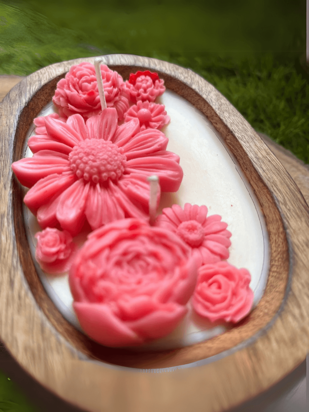 Hand-poured Soy Candles in Wooden Tub - All pink- Floral blend