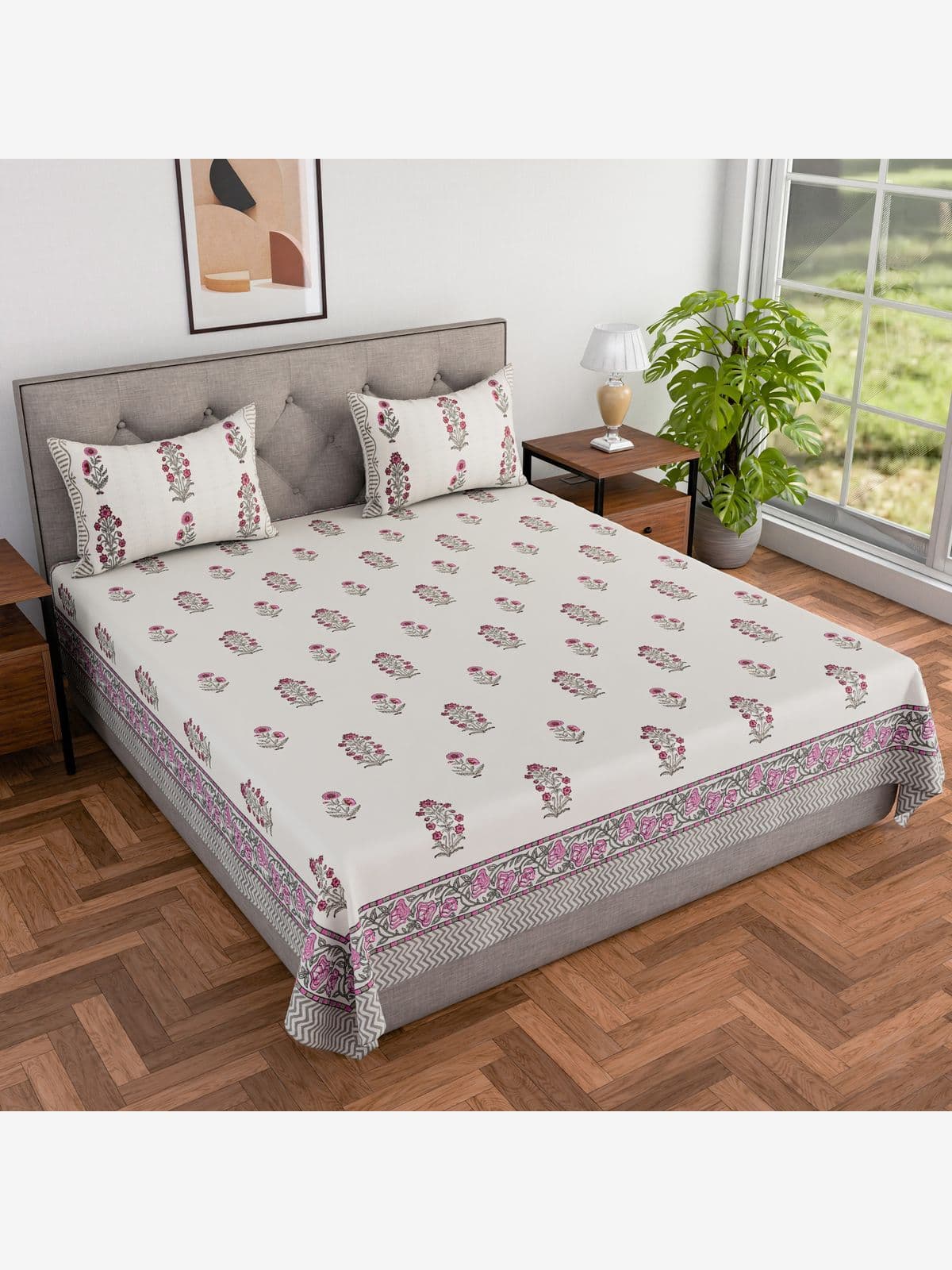 Hand block printed cotton double bed king size bedsheet 100x108 inches with 2 pillow cases (Pink Grey Plant)