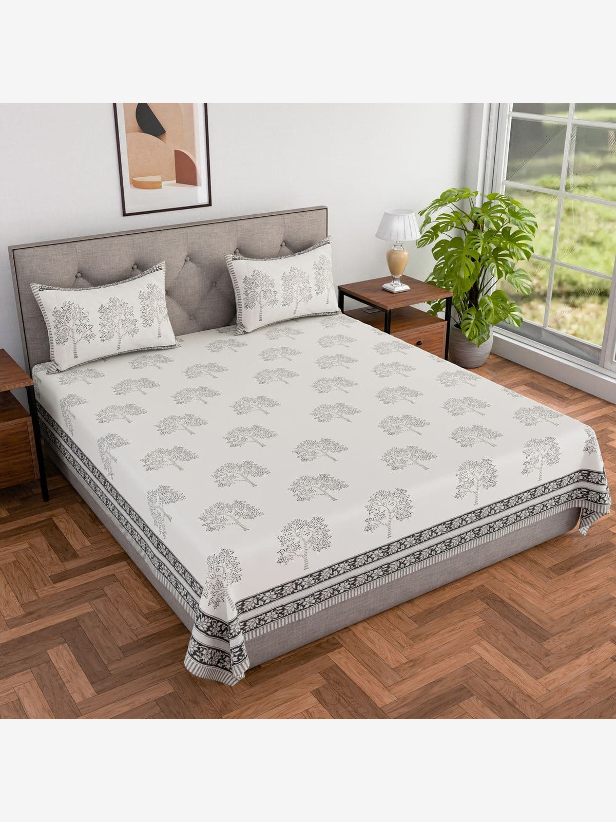 Hand block printed cotton double bed king size bedsheet 100x108 inches with 2 pillow cases (Grey Tree)