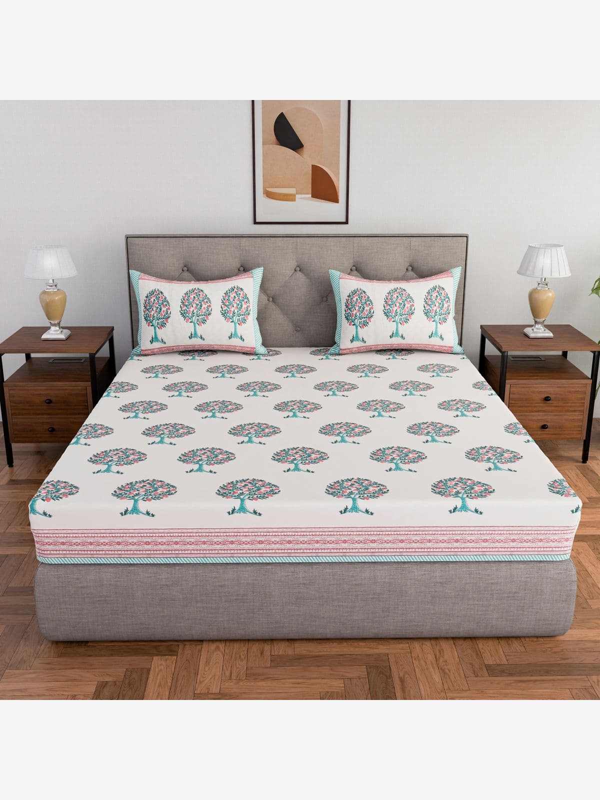 Hand block printed cotton double bed king size bedsheet 100x108 inches with 2 pillow cases (Red Green Tree)