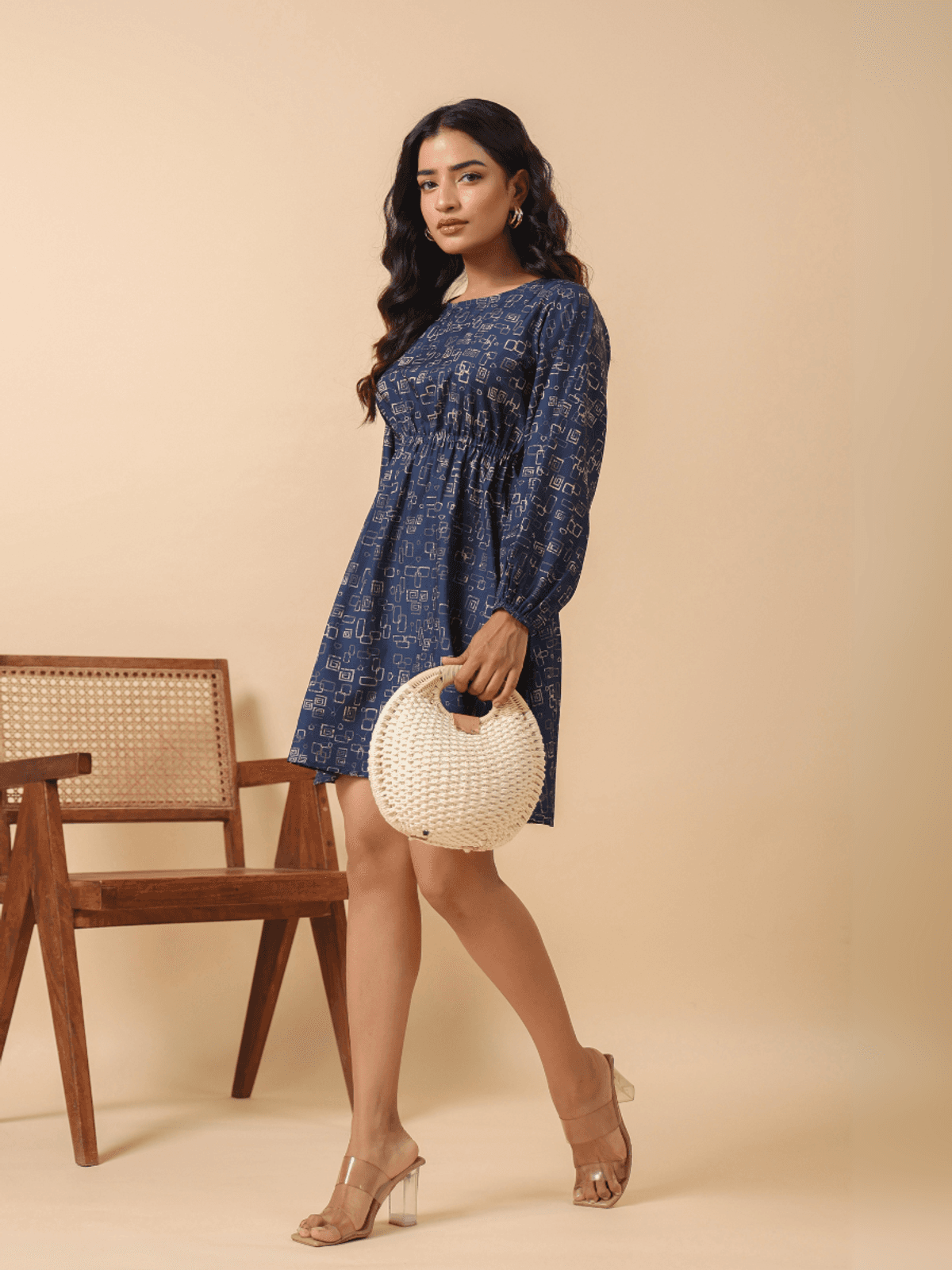 BLUE ABSTRACT PRINT BACKLESS DRESS