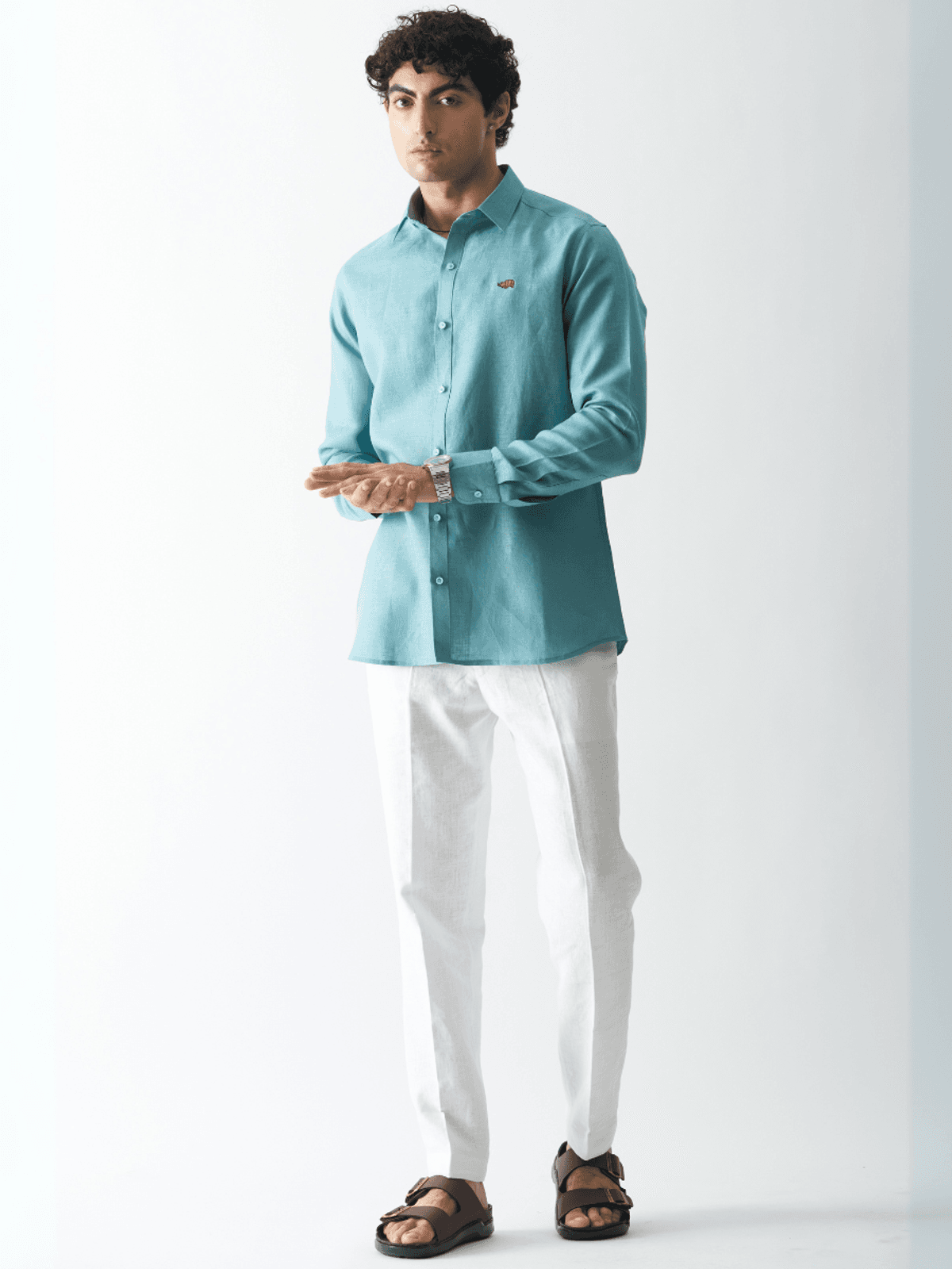 DEEP TEAL - ROZZANA FULL SLEEVE PURE LINEN SHIRT