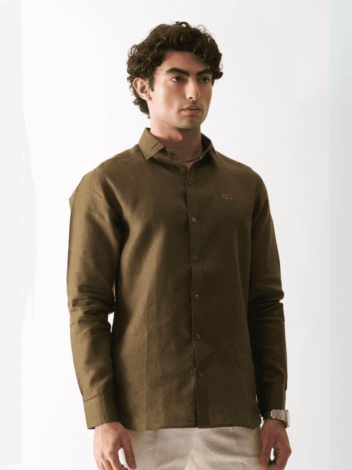 OLIVE GREEN - ROZZANA FULL SLEEVE PURE LINEN SHIRT