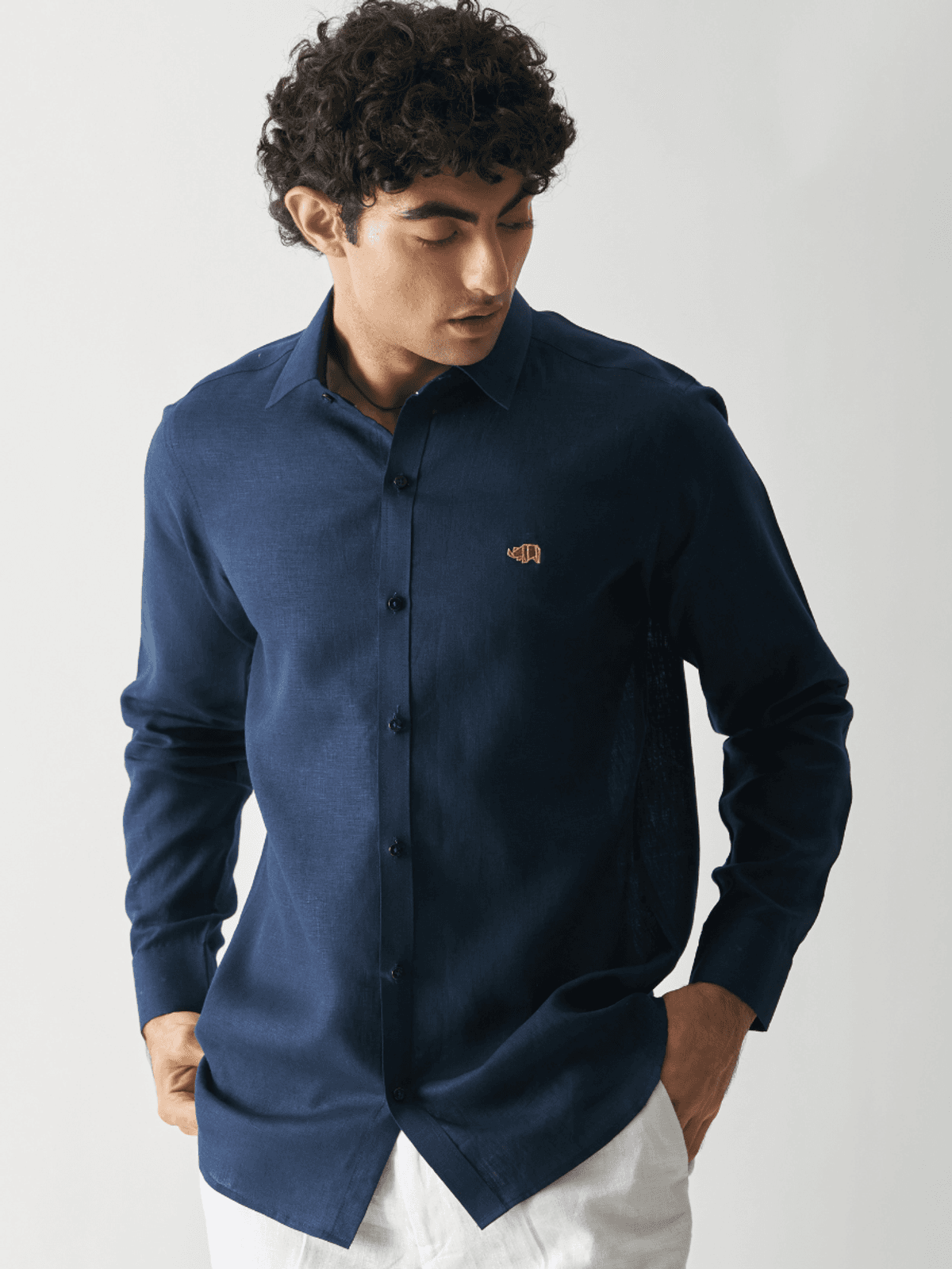 NAVY BLUE - ROZZANA FULL SLEEVE PURE LINEN SHIRT