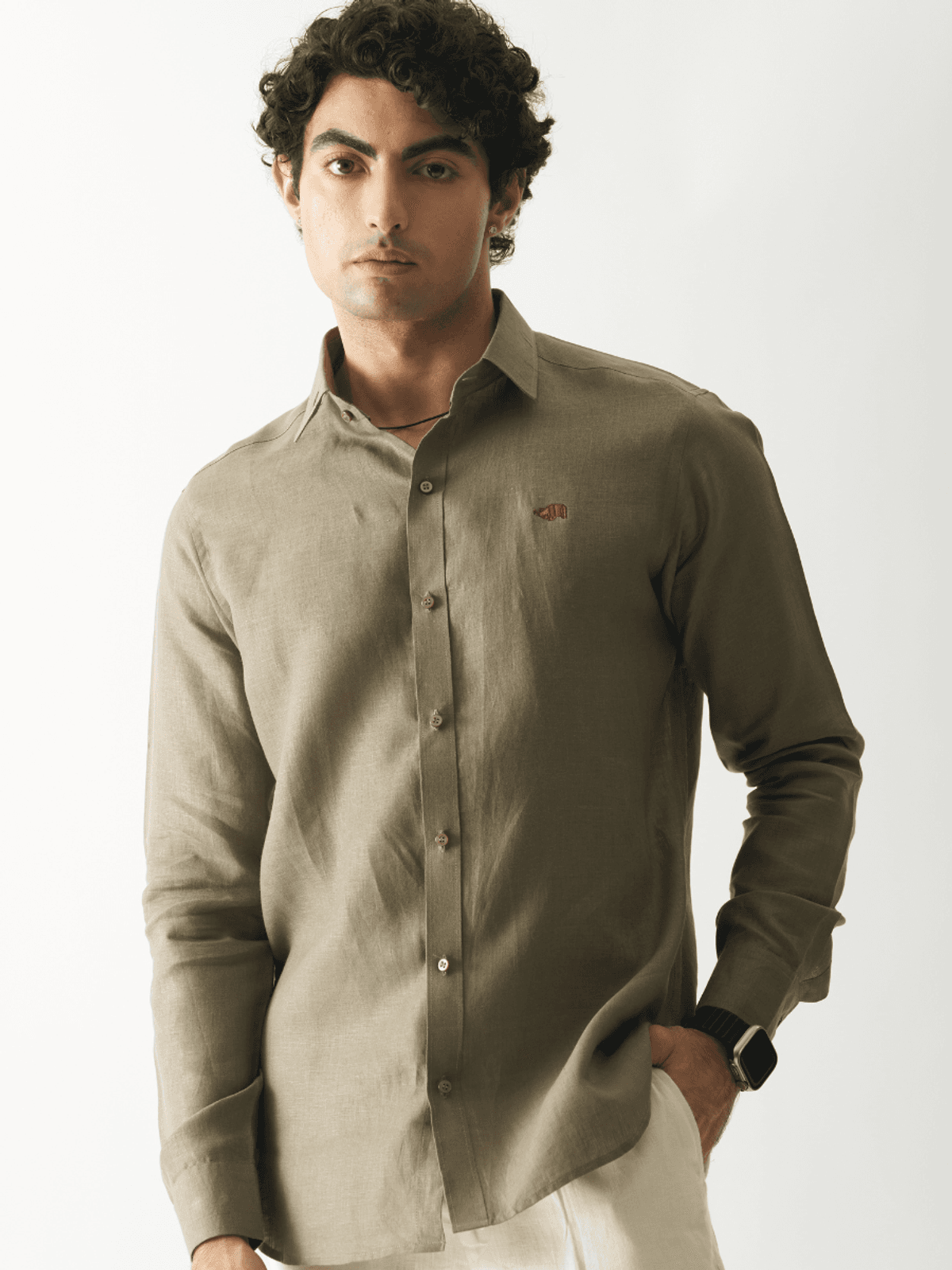 LIGHT OLIVE - ROZZANA FULL SLEEVE PURE LINEN SHIRT