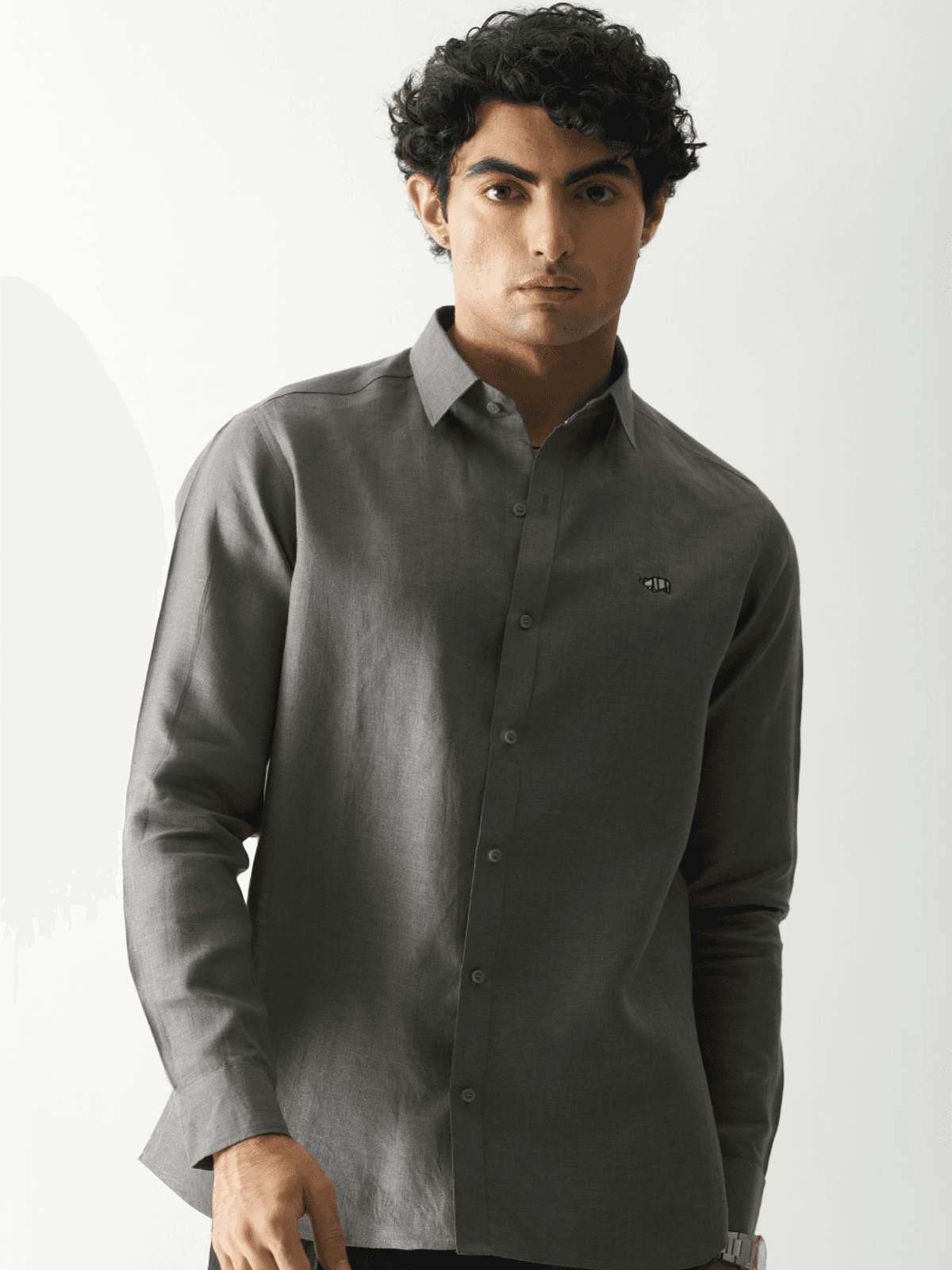 COAL MINE GREY - ROZZANA FULL SLEEVE PURE LINEN SHIRT