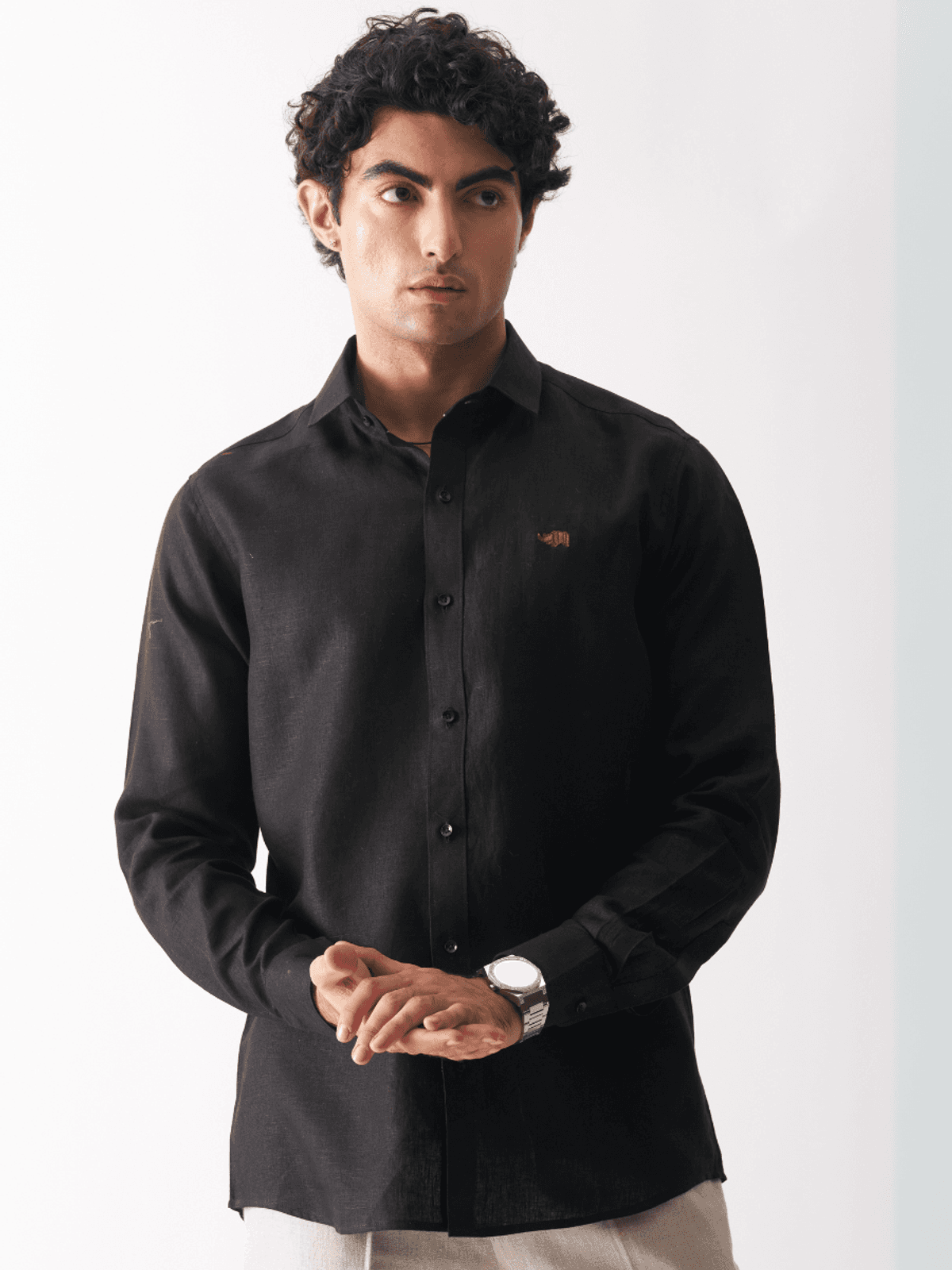 BLACK - ROZZANA FULL SLEEVE PURE LINEN SHIRT