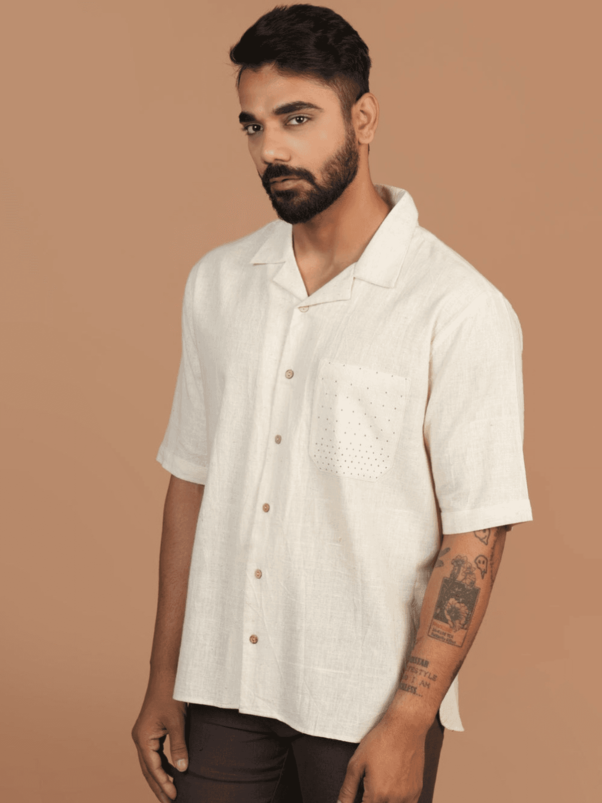 Inkriti Handloom Off-white Shirt with Blue Tangaliya Dots Pocket