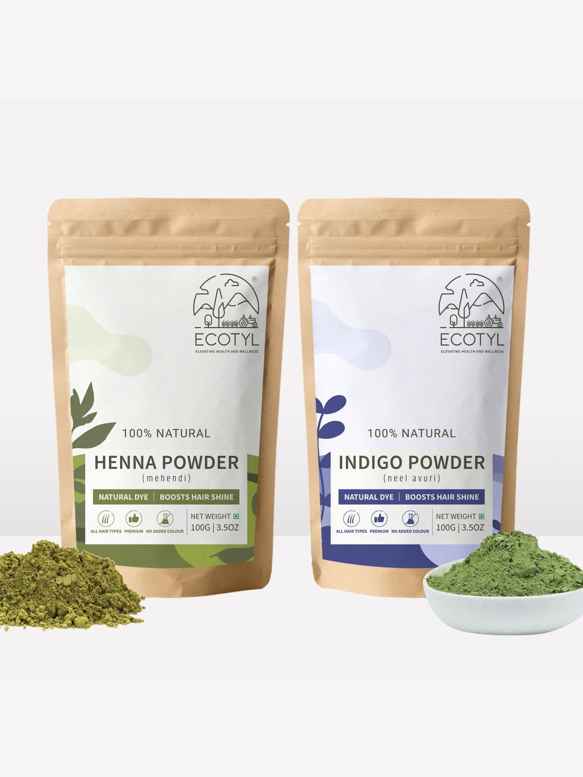 Ecotyl Hair Colour Combo - Henna Powder and Indigo Powder | Natural Hair Dye | 100g Each