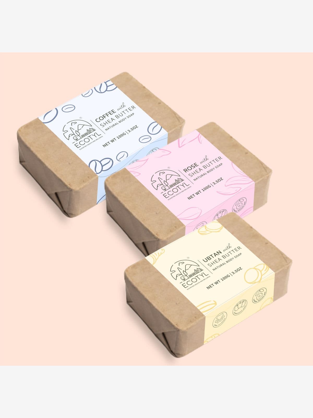Ecotyl Shea Butter Soaps - Ubtan, Rose & Coffee | 100% Natural | Gentle Cleanser | Set of 3