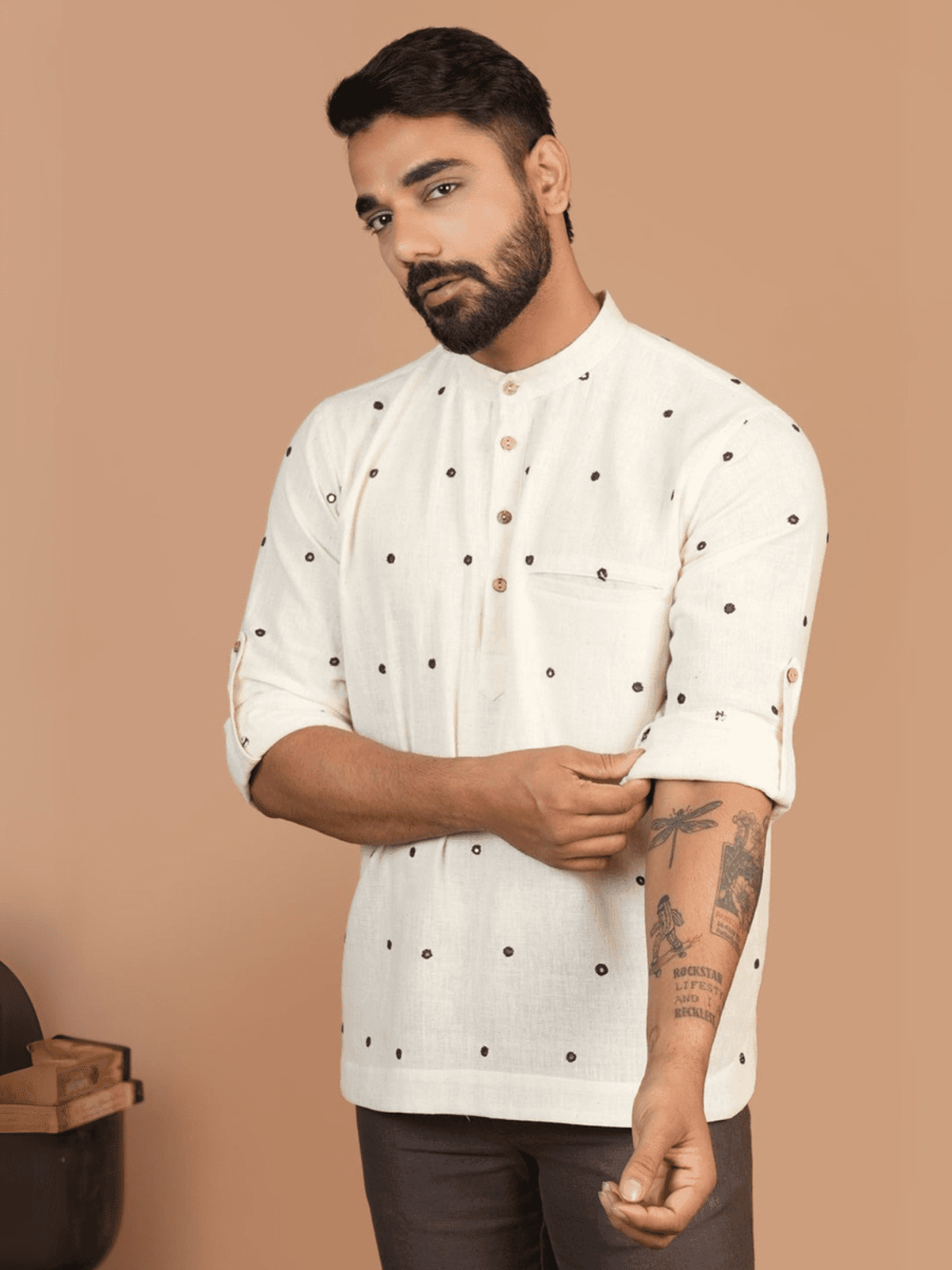 Inkriti Kala Cotton Kutchi Mirror Work Off-white Popover Shirt