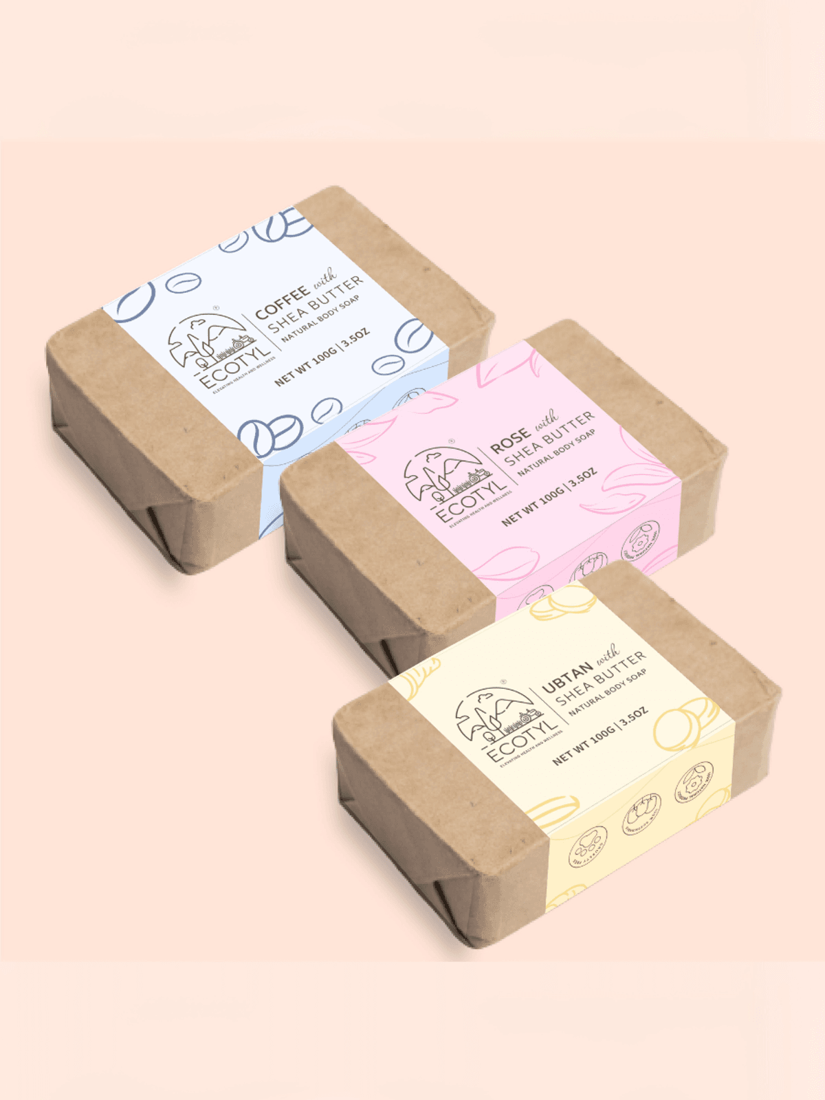 Ecotyl Shea Butter Soaps - Ubtan, Rose & Coffee | 100% Natural | Gentle Cleanser | Set of 3