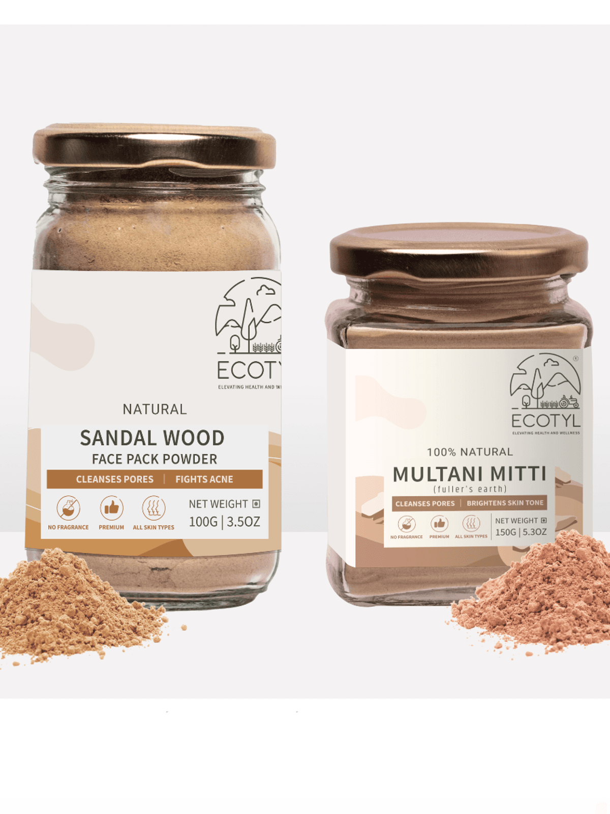 Ecotyl Face Pack Combo - Sandalwood Powder and Multani Mitti | Duo for Skin Brightening and Glow | 100g + 150g 