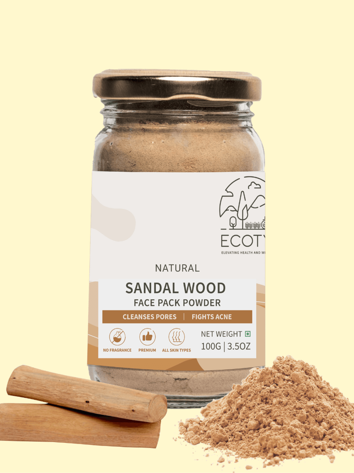 Ecotyl Pure Sandalwood Powder | Face Pack for Skin Brightening & Pore Cleansing | 100g