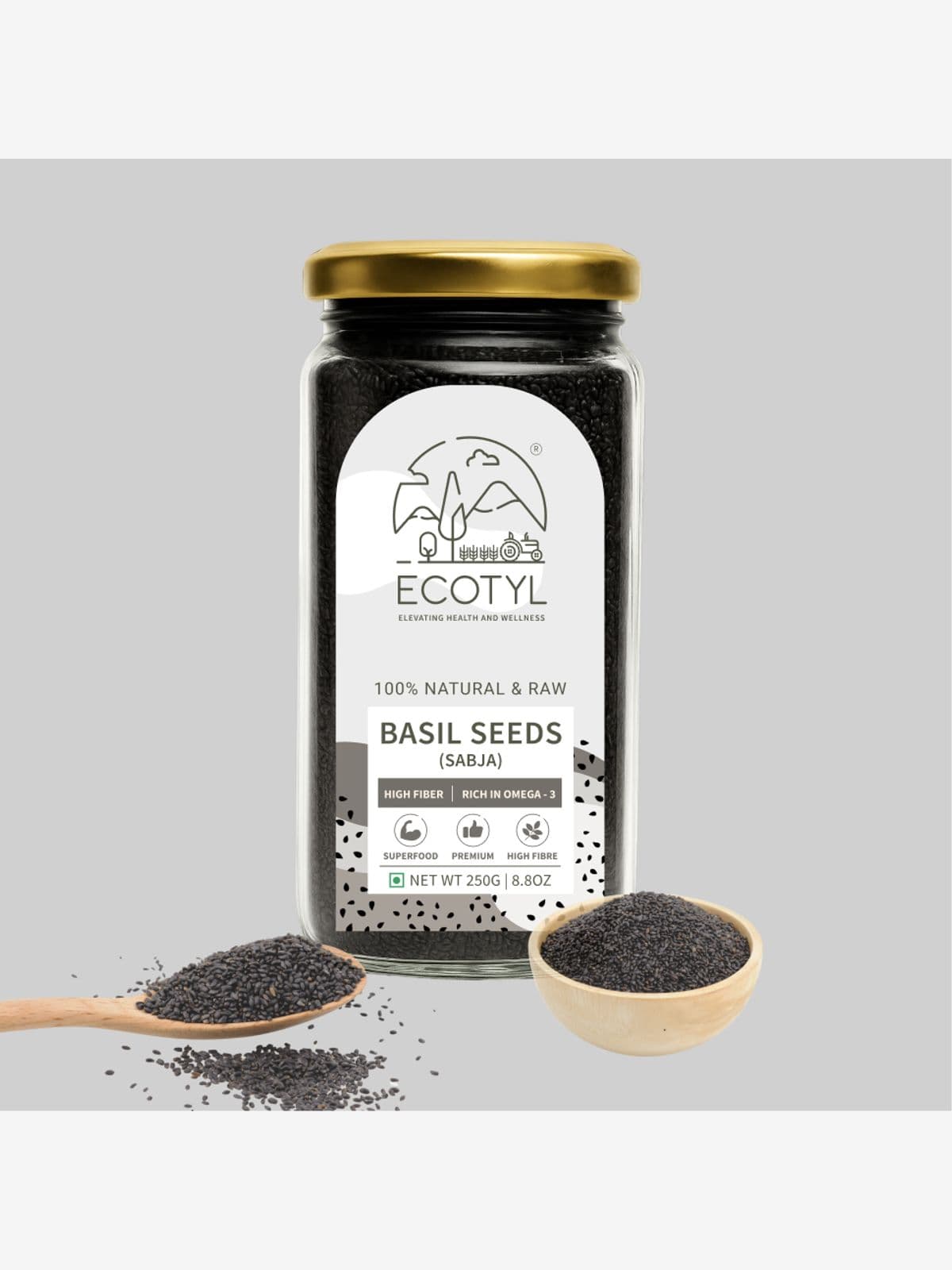 Ecotyl Basil Seeds | Sabja Seeds | Rich in Omega-3 & Fibre | Detox & Hydrate | 250g