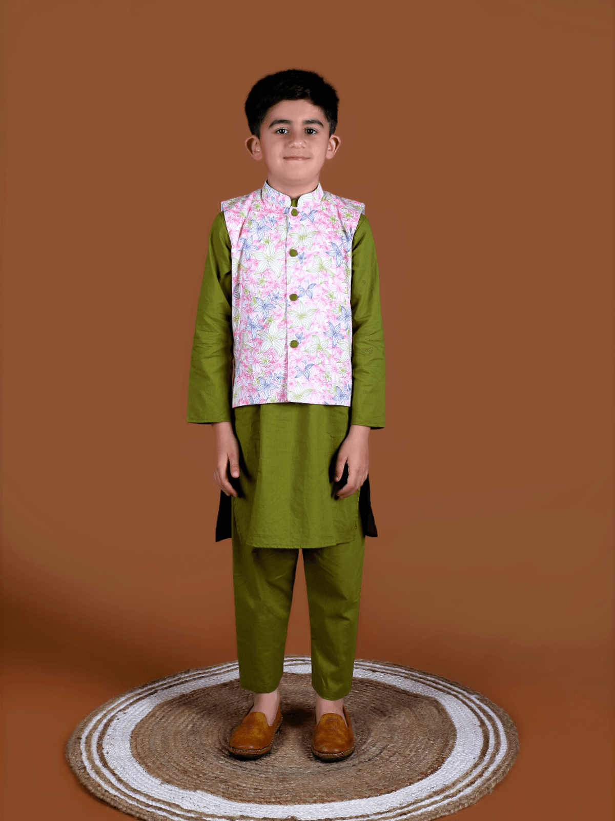 Floral Jacket and Olive Green Kurta Set