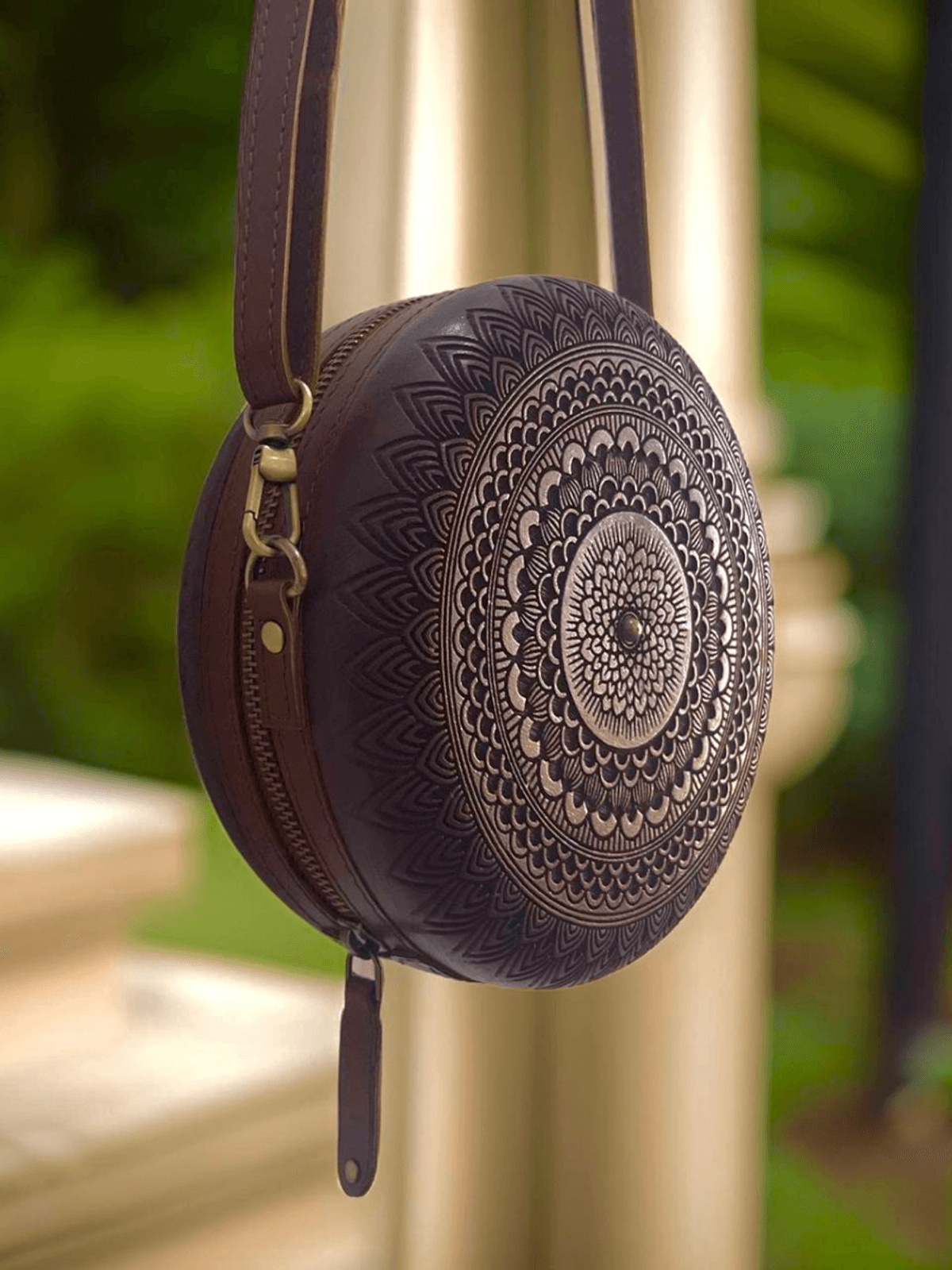 Handmade round shape wood and leather with zipper bag