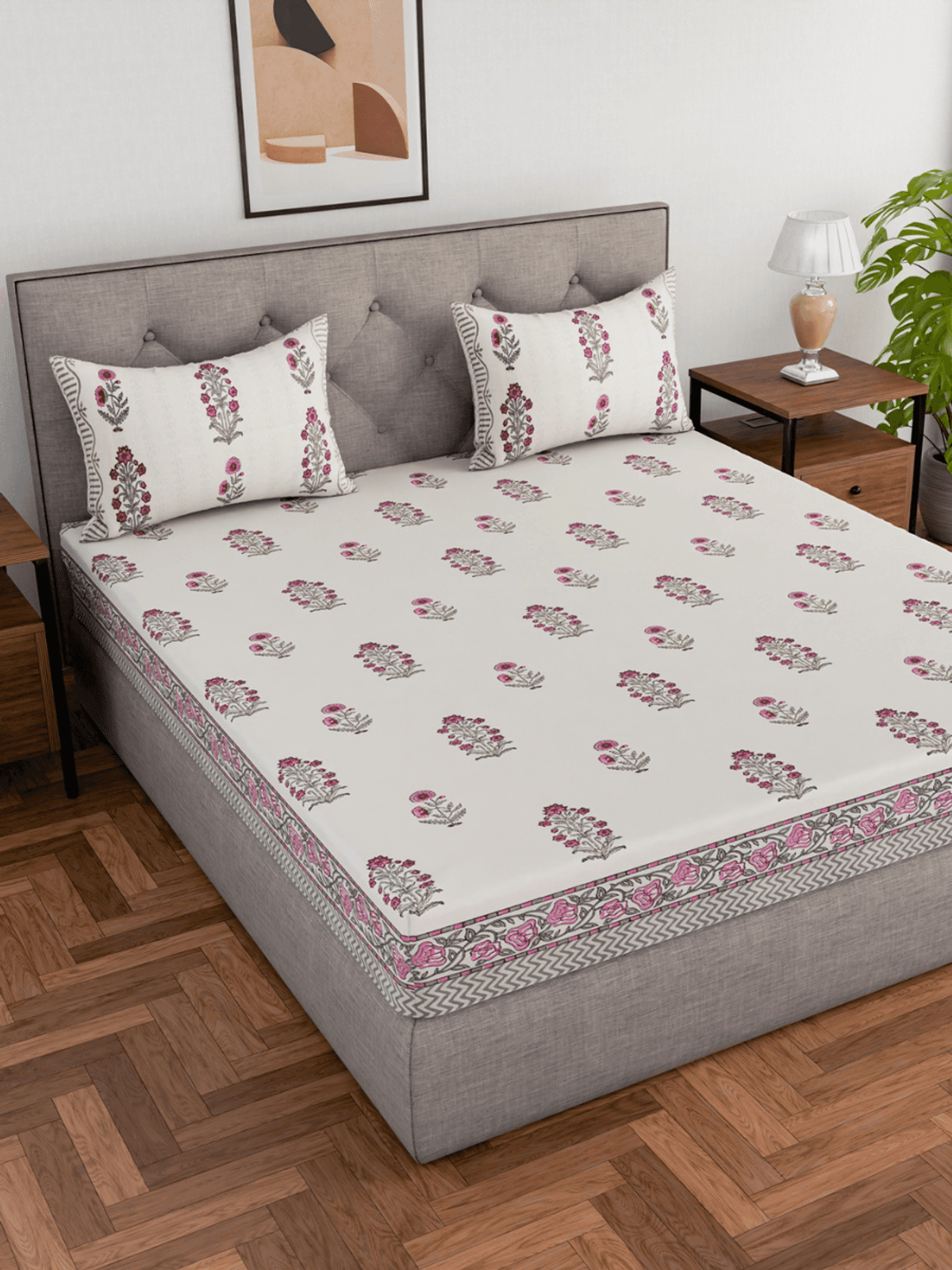 Hand block printed cotton double bed king size bedsheet 100x108 inches with 2 pillow cases (Pink Grey Plant)