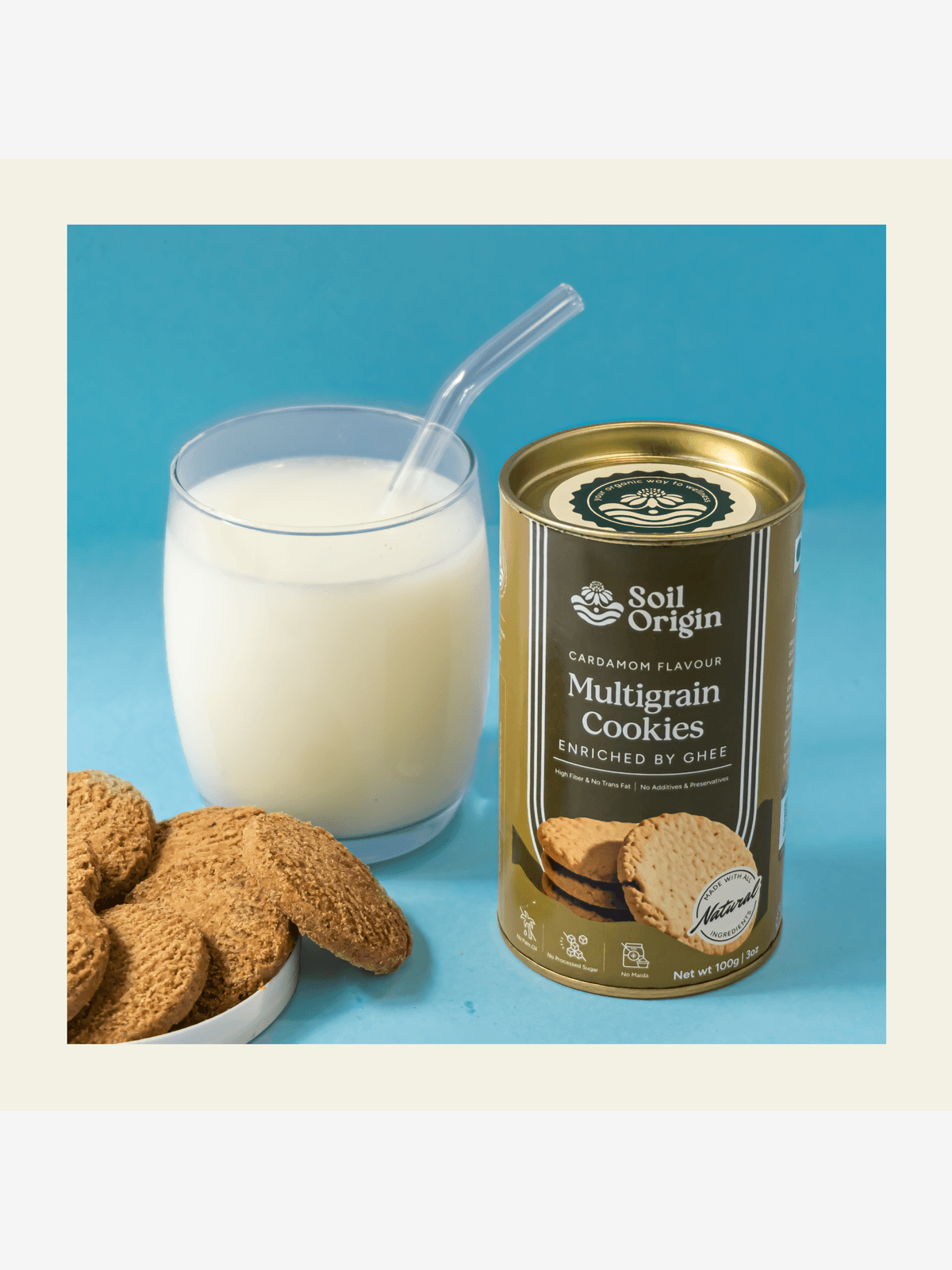 Soil Origin Multigrain Cookies | Cardamom Flavour | Enriched with Ghee | Zero Maida | Healthy Cookies - 100g