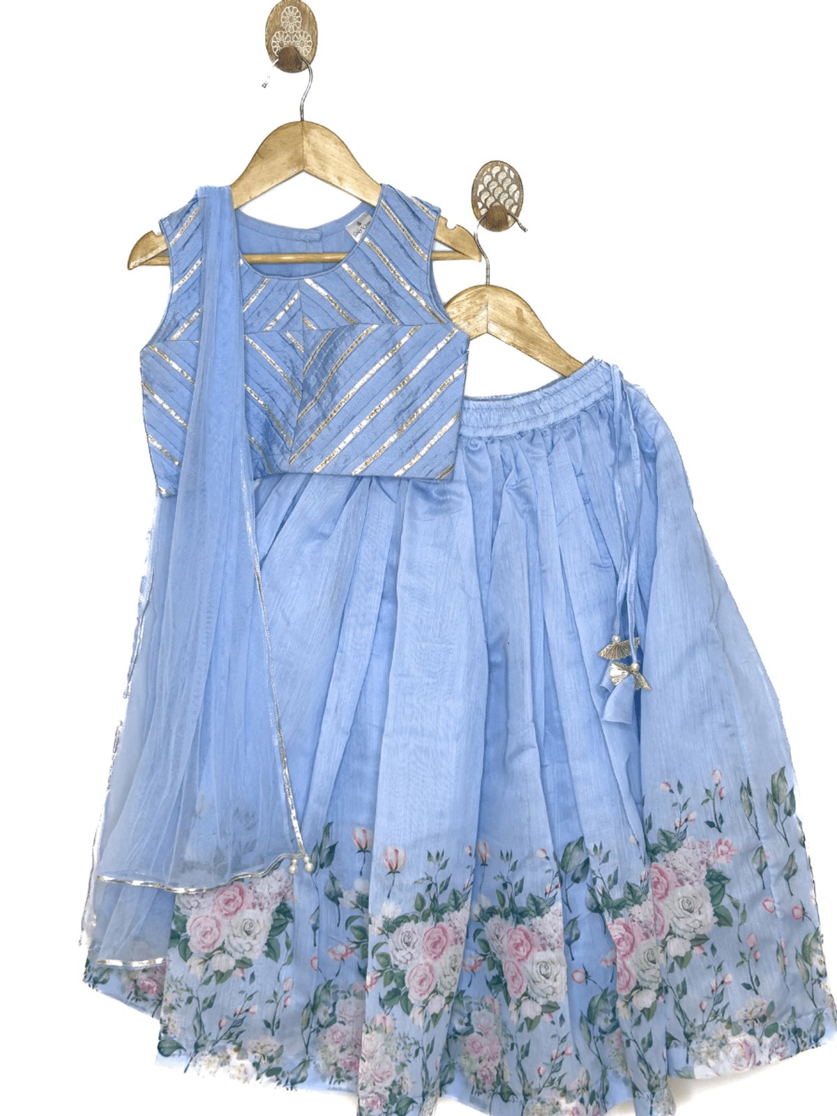 Blue floral print chanderi lehenga