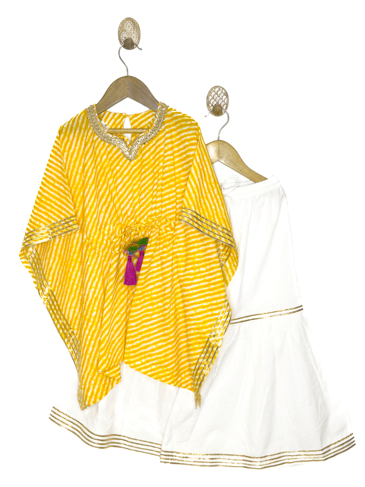 Yellow lehariya kaftan shahrara
